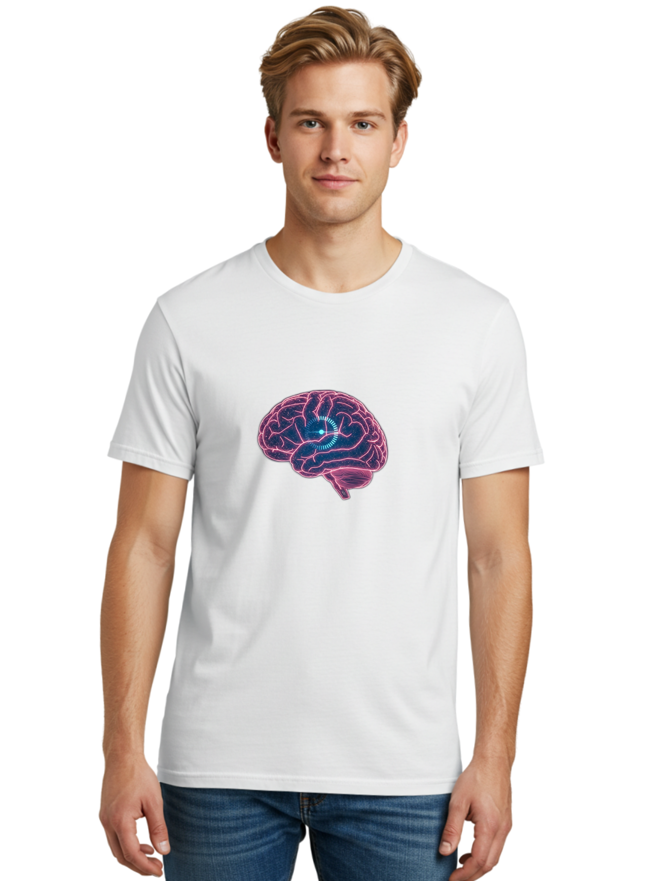 Human-Brain Men'S Graphic Tee, 100% Cotton, Comfortable Casual Summer Wear, Machine Washable, Human Brain, Cognitive Function, Neuroscience, Brain Function, Thought Process, Intelligence, Pink Outline, Blue Glow, Concentrated Thought Baa850