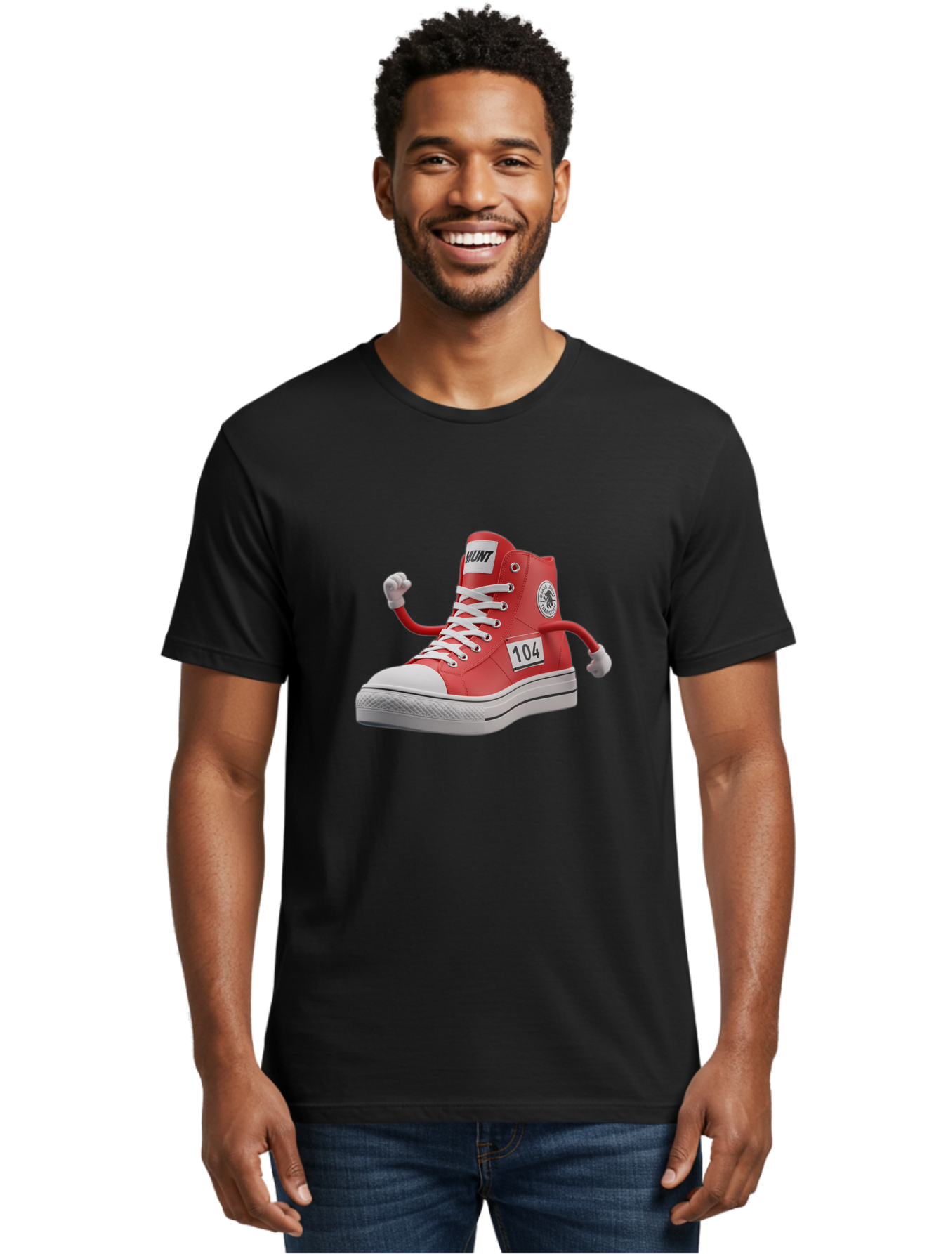 Hunt Men'S Graphic Tee, 100% Cotton, Comfortable Casual Summer Wear, Machine Washable, Red High-Top Sneaker, Hunt Logo, 104 Label, Cartoon Hands, Quirky Design, Bold Fashion Statement, Sneakers With Arms, Humorous Illustration, Baa851
