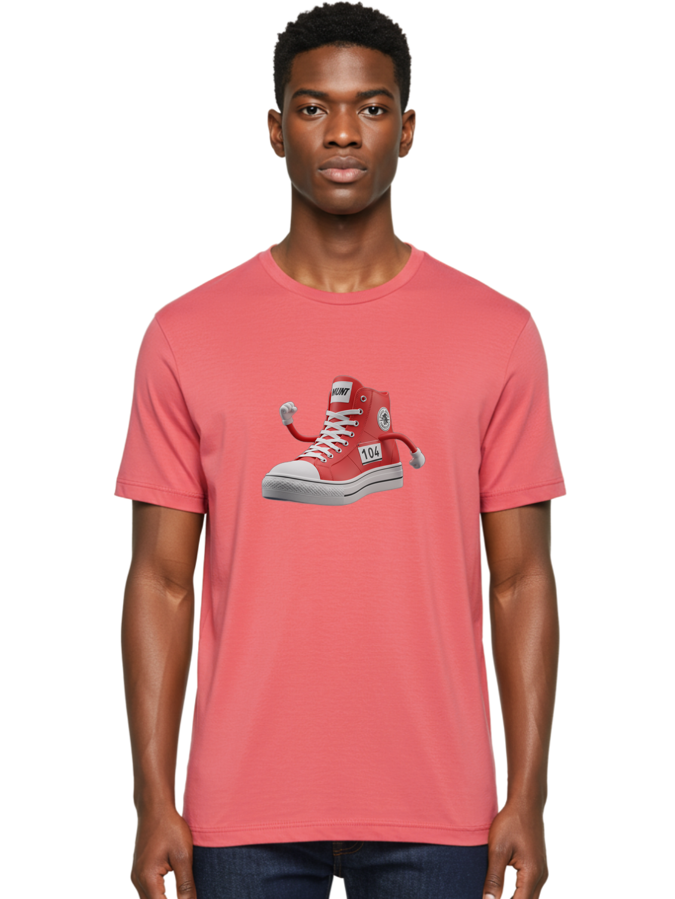 Hunt Men'S Graphic Tee, 100% Cotton, Comfortable Casual Summer Wear, Machine Washable, Red High-Top Sneaker, Hunt Logo, 104 Label, Cartoon Hands, Quirky Design, Bold Fashion Statement, Sneakers With Arms, Humorous Illustration, Baa851