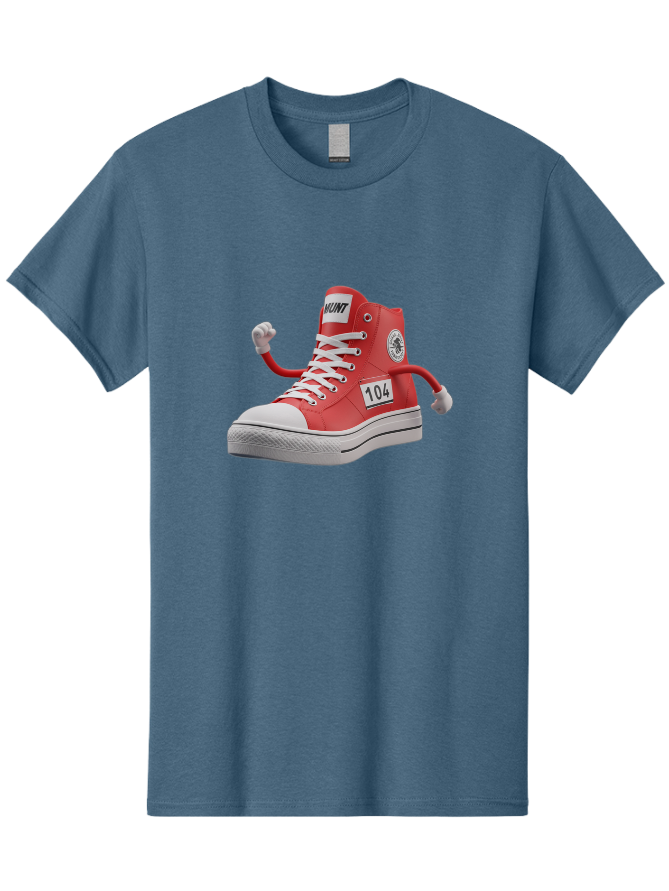 Hunt Men'S Graphic Tee, 100% Cotton, Comfortable Casual Summer Wear, Machine Washable, Red High-Top Sneaker, Hunt Logo, 104 Label, Cartoon Hands, Quirky Design, Bold Fashion Statement, Sneakers With Arms, Humorous Illustration, Baa851