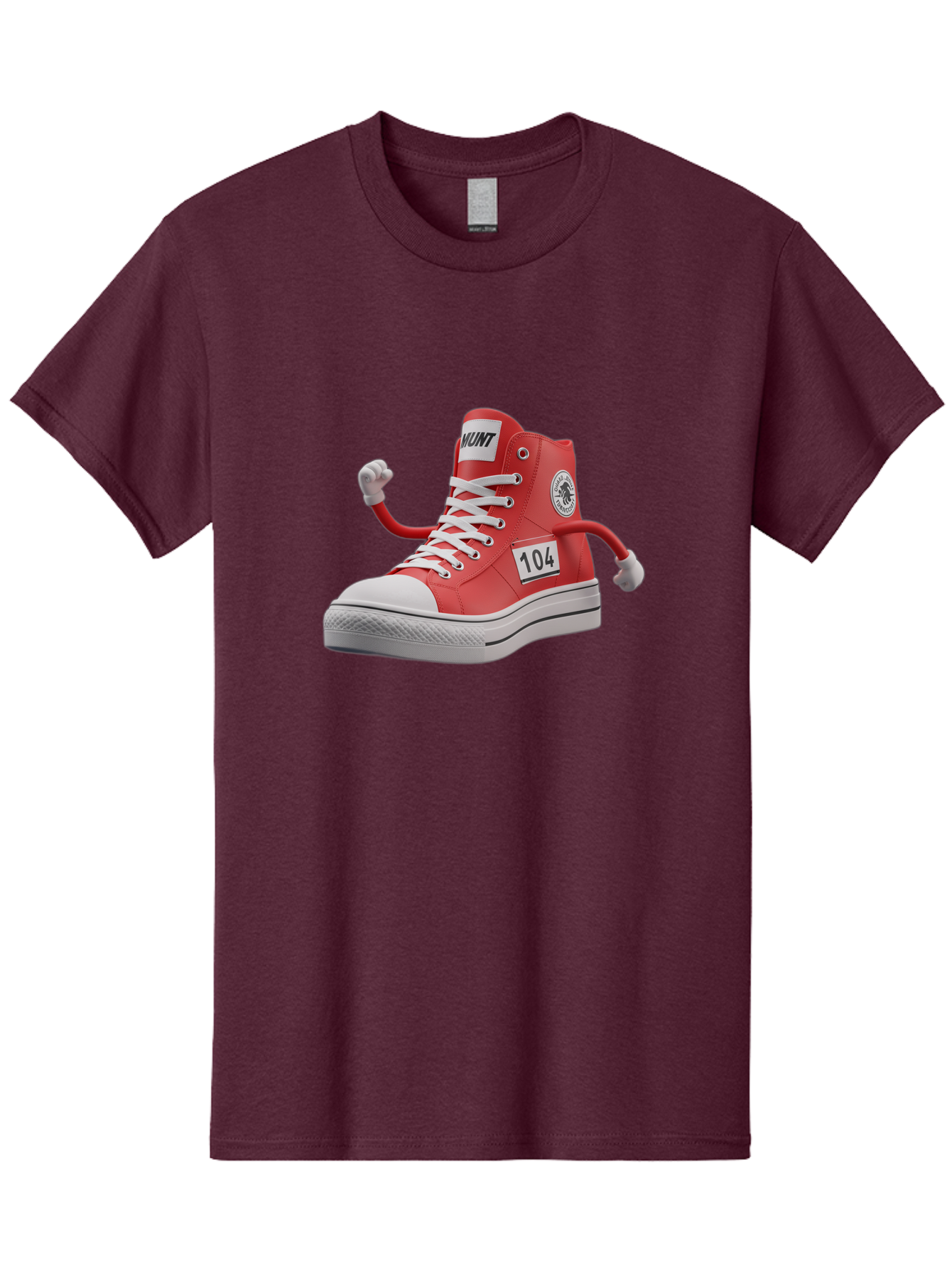 Hunt Men'S Graphic Tee, 100% Cotton, Comfortable Casual Summer Wear, Machine Washable, Red High-Top Sneaker, Hunt Logo, 104 Label, Cartoon Hands, Quirky Design, Bold Fashion Statement, Sneakers With Arms, Humorous Illustration, Baa851