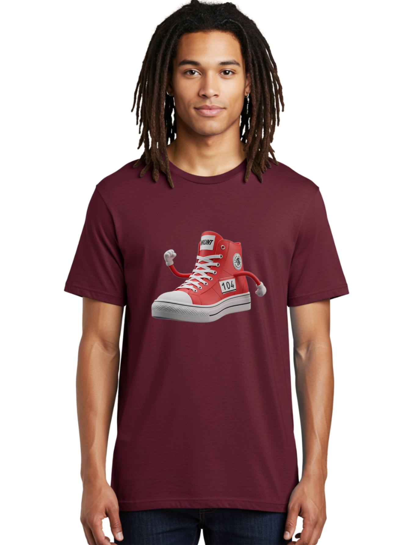 Hunt Men'S Graphic Tee, 100% Cotton, Comfortable Casual Summer Wear, Machine Washable, Red High-Top Sneaker, Hunt Logo, 104 Label, Cartoon Hands, Quirky Design, Bold Fashion Statement, Sneakers With Arms, Humorous Illustration, Baa851