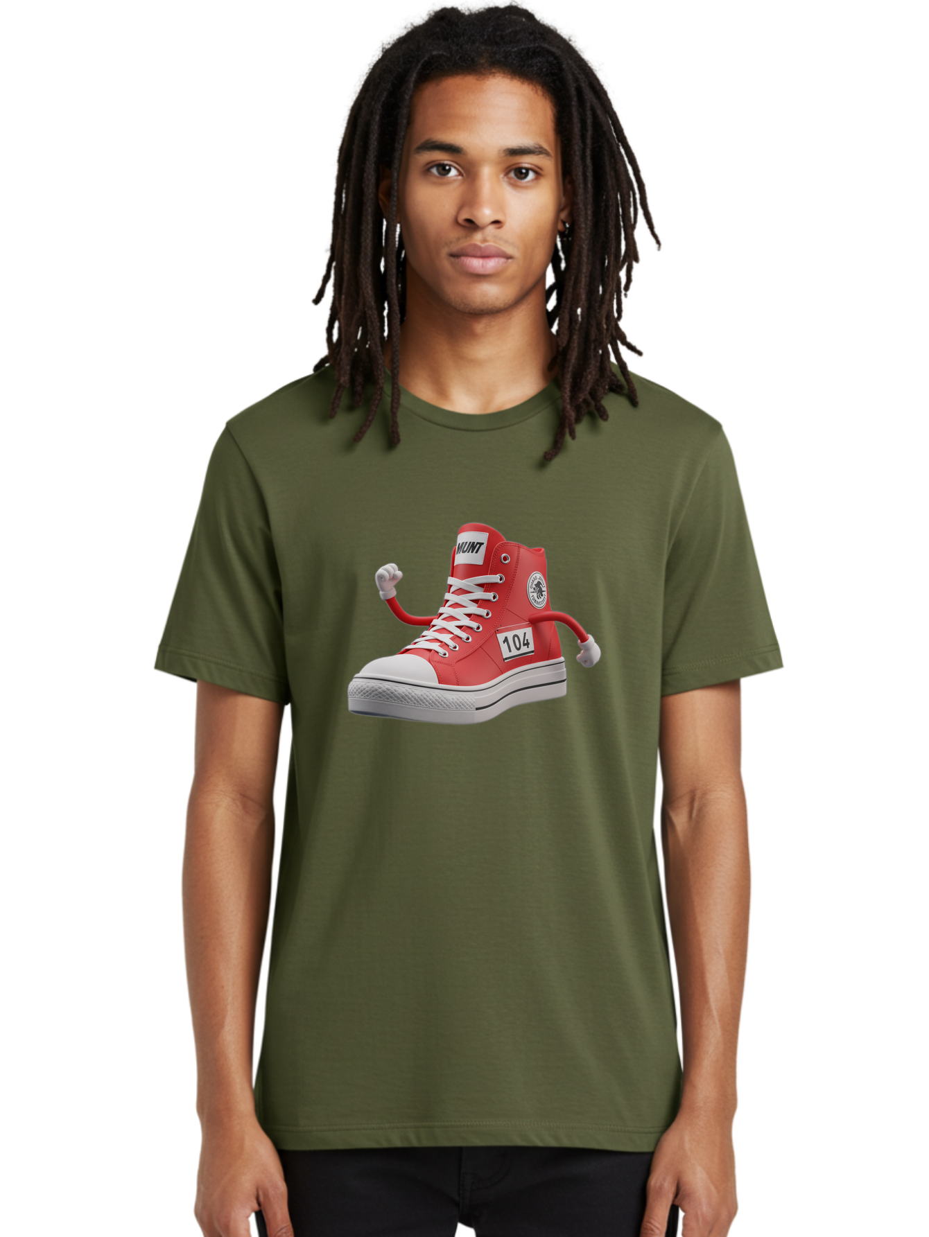 Hunt Men'S Graphic Tee, 100% Cotton, Comfortable Casual Summer Wear, Machine Washable, Red High-Top Sneaker, Hunt Logo, 104 Label, Cartoon Hands, Quirky Design, Bold Fashion Statement, Sneakers With Arms, Humorous Illustration, Baa851
