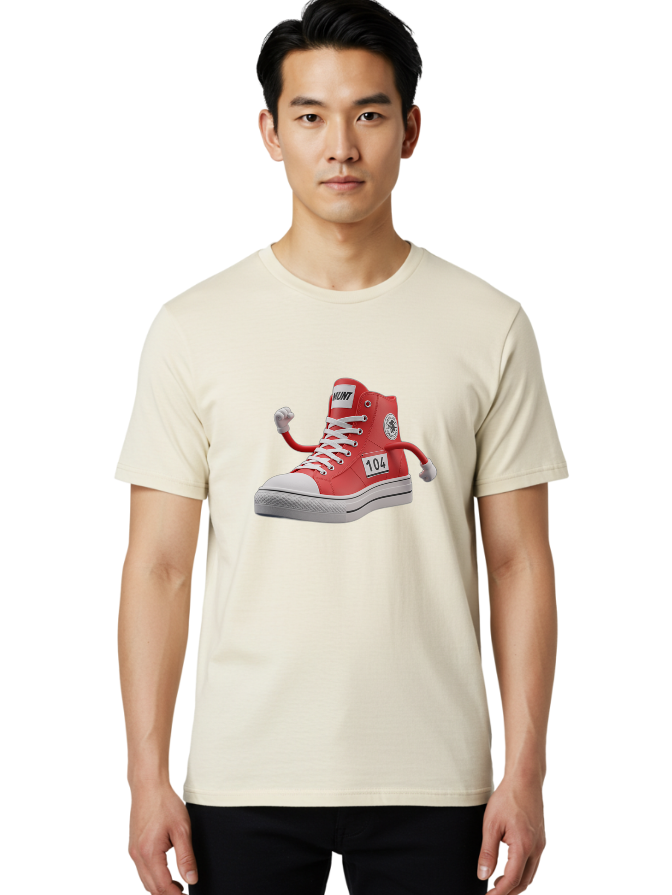 Hunt Men'S Graphic Tee, 100% Cotton, Comfortable Casual Summer Wear, Machine Washable, Red High-Top Sneaker, Hunt Logo, 104 Label, Cartoon Hands, Quirky Design, Bold Fashion Statement, Sneakers With Arms, Humorous Illustration, Baa851