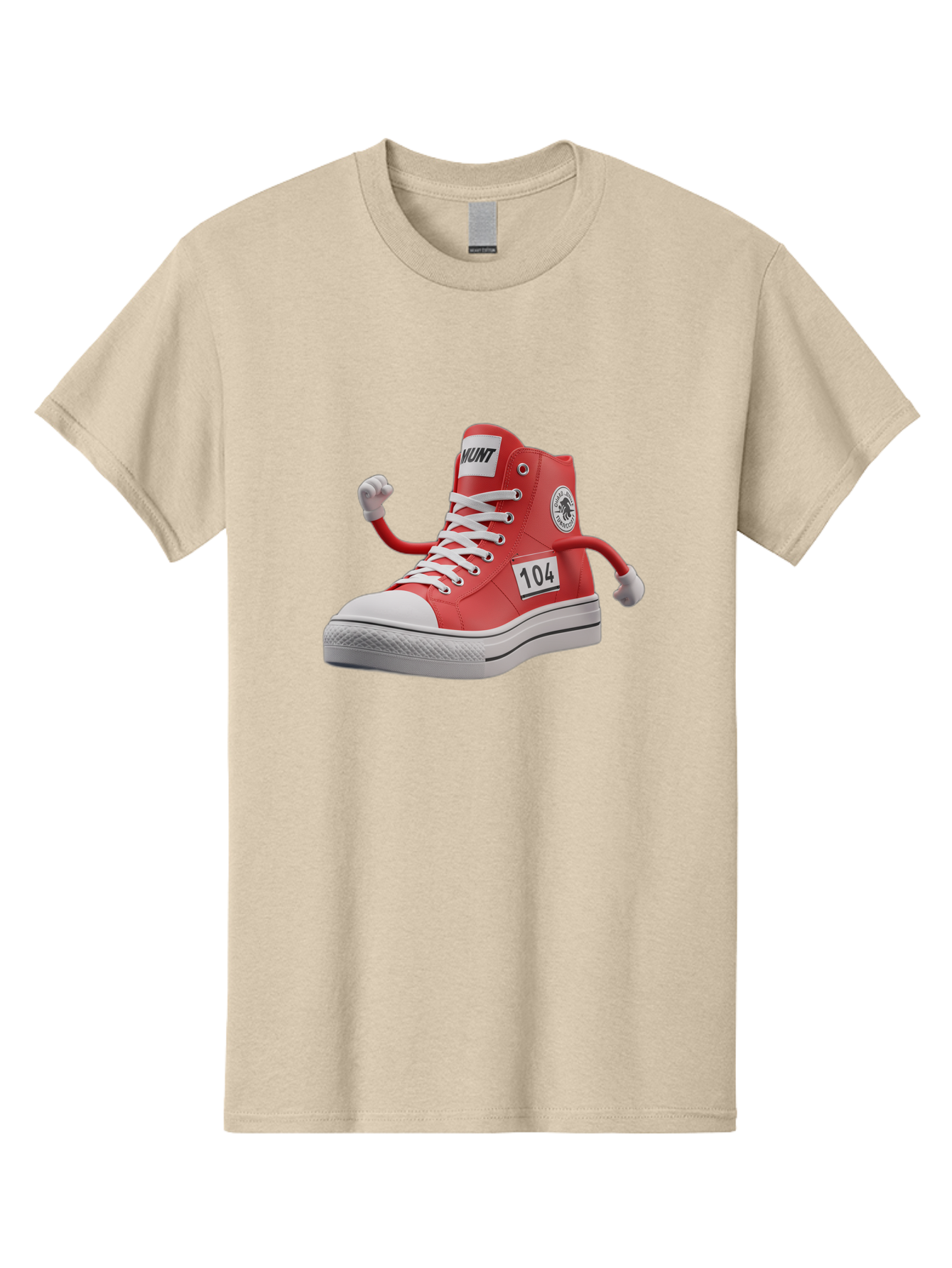 Hunt Men'S Graphic Tee, 100% Cotton, Comfortable Casual Summer Wear, Machine Washable, Red High-Top Sneaker, Hunt Logo, 104 Label, Cartoon Hands, Quirky Design, Bold Fashion Statement, Sneakers With Arms, Humorous Illustration, Baa851