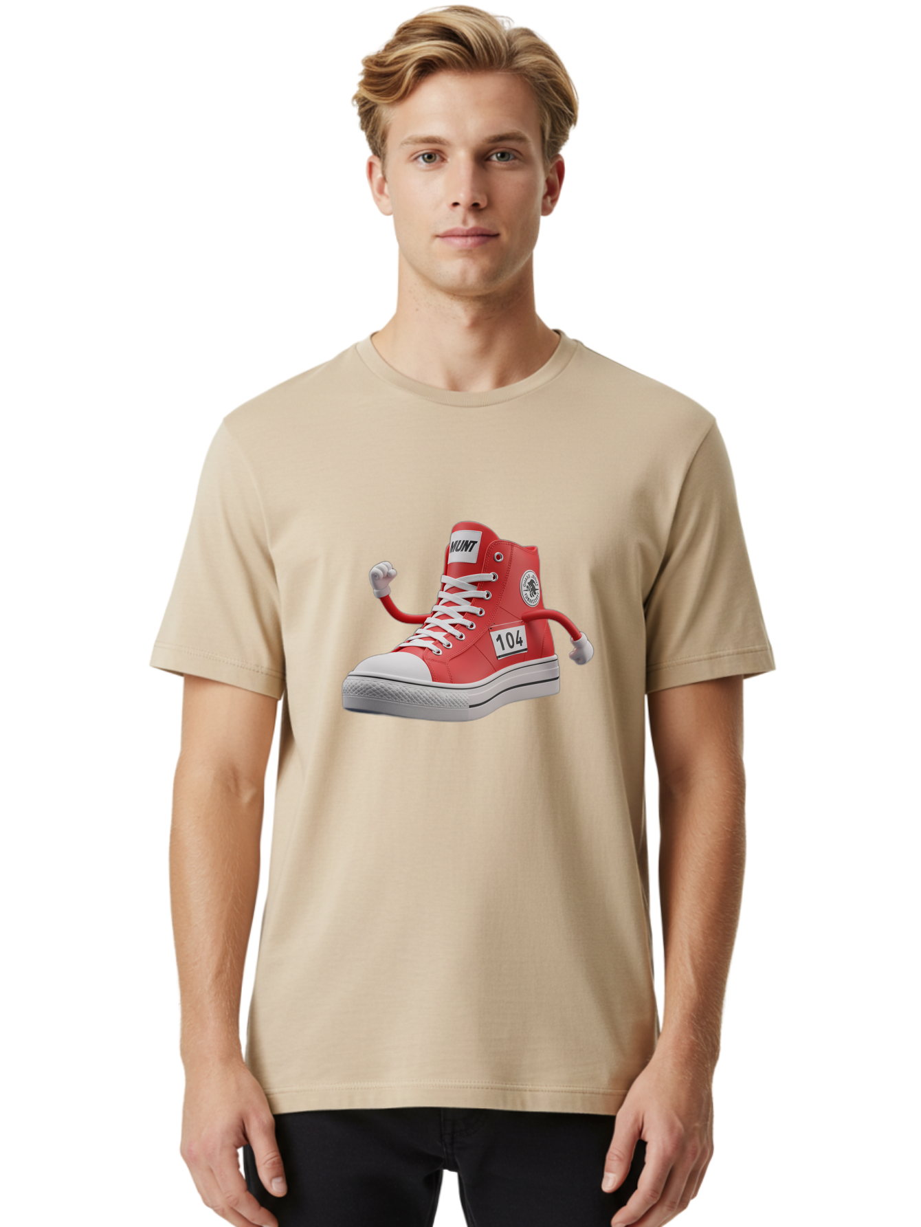 Hunt Men'S Graphic Tee, 100% Cotton, Comfortable Casual Summer Wear, Machine Washable, Red High-Top Sneaker, Hunt Logo, 104 Label, Cartoon Hands, Quirky Design, Bold Fashion Statement, Sneakers With Arms, Humorous Illustration, Baa851