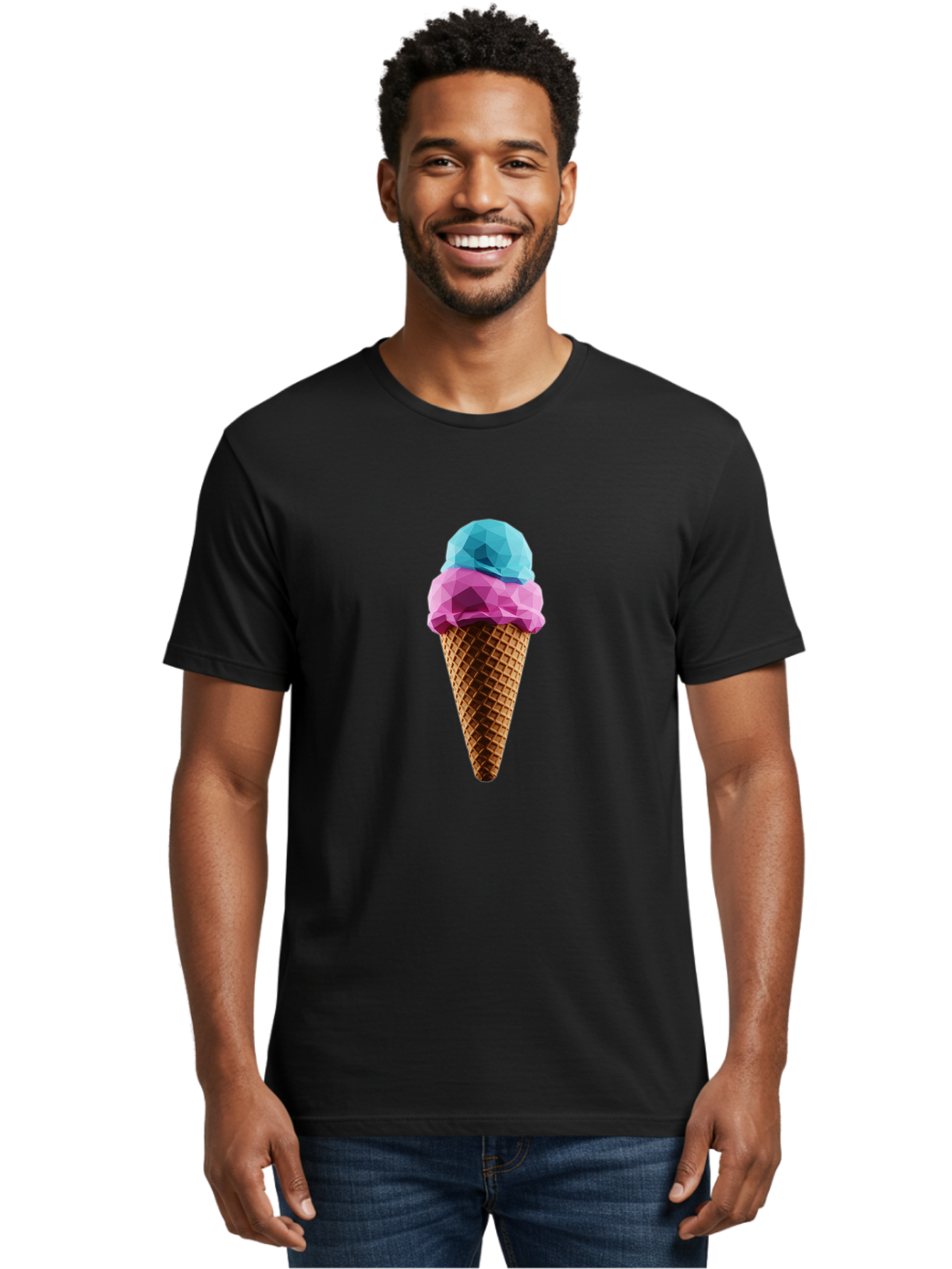 Ice-Cream-Cone-1 Men'S Graphic Tee, 100% Cotton, Comfortable Casual Summer Wear, Machine Washable, Ice Cream, Two Scoops, Pink And Blue, Waffle Cone, Low Poly, Geometric Style, Sweet Treat, Summer Dessert, Cool Colors, Art Illustration Baa854