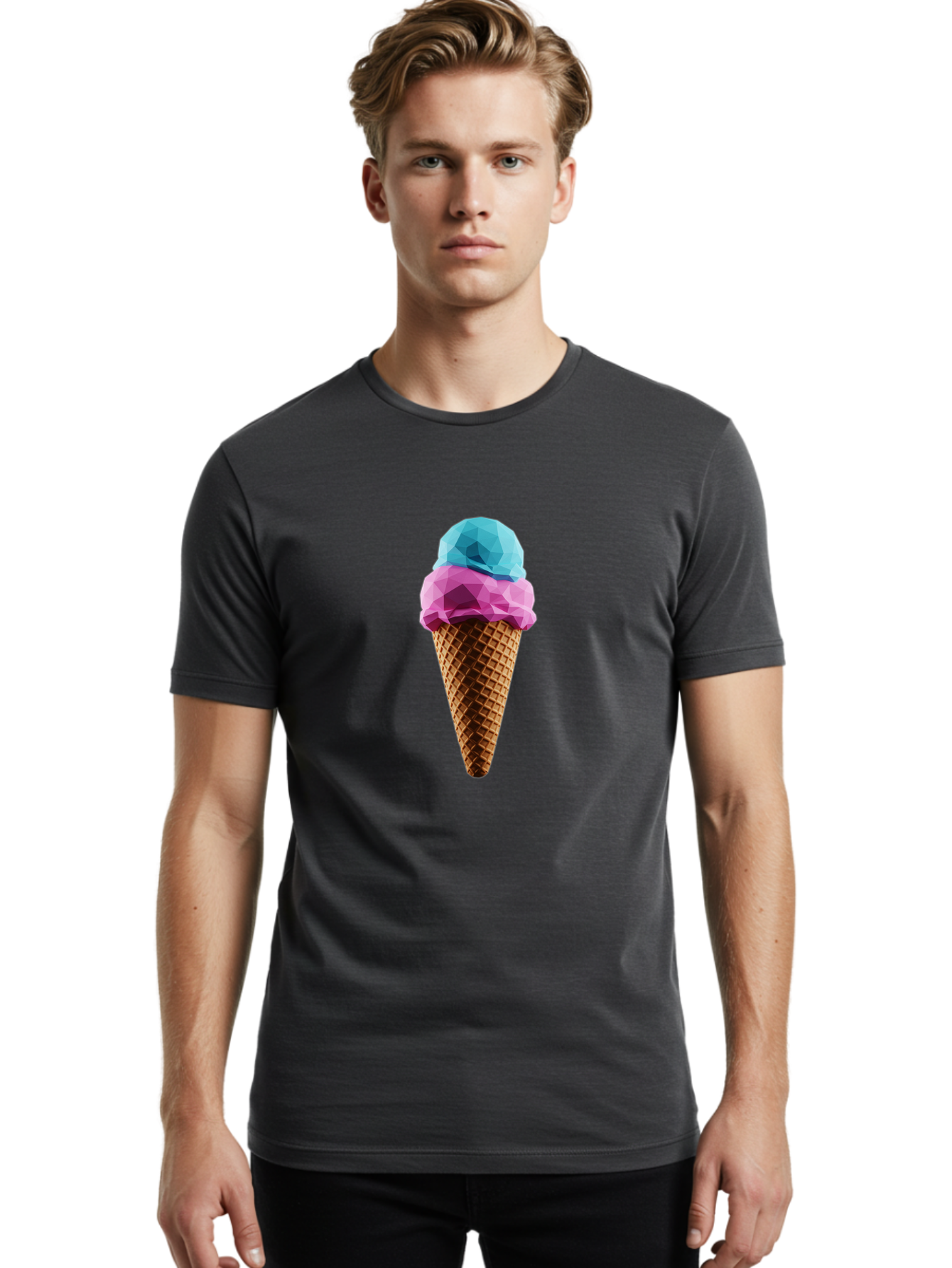 Ice-Cream-Cone-1 Men'S Graphic Tee, 100% Cotton, Comfortable Casual Summer Wear, Machine Washable, Ice Cream, Two Scoops, Pink And Blue, Waffle Cone, Low Poly, Geometric Style, Sweet Treat, Summer Dessert, Cool Colors, Art Illustration Baa854
