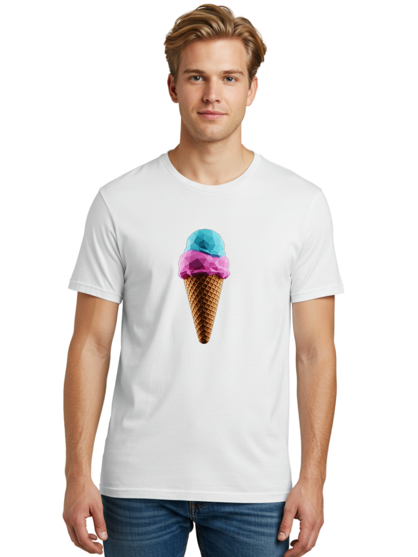 Ice-Cream-Cone-1 Men'S Graphic Tee, 100% Cotton, Comfortable Casual Summer Wear, Machine Washable, Ice Cream, Two Scoops, Pink And Blue, Waffle Cone, Low Poly, Geometric Style, Sweet Treat, Summer Dessert, Cool Colors, Art Illustration Baa854