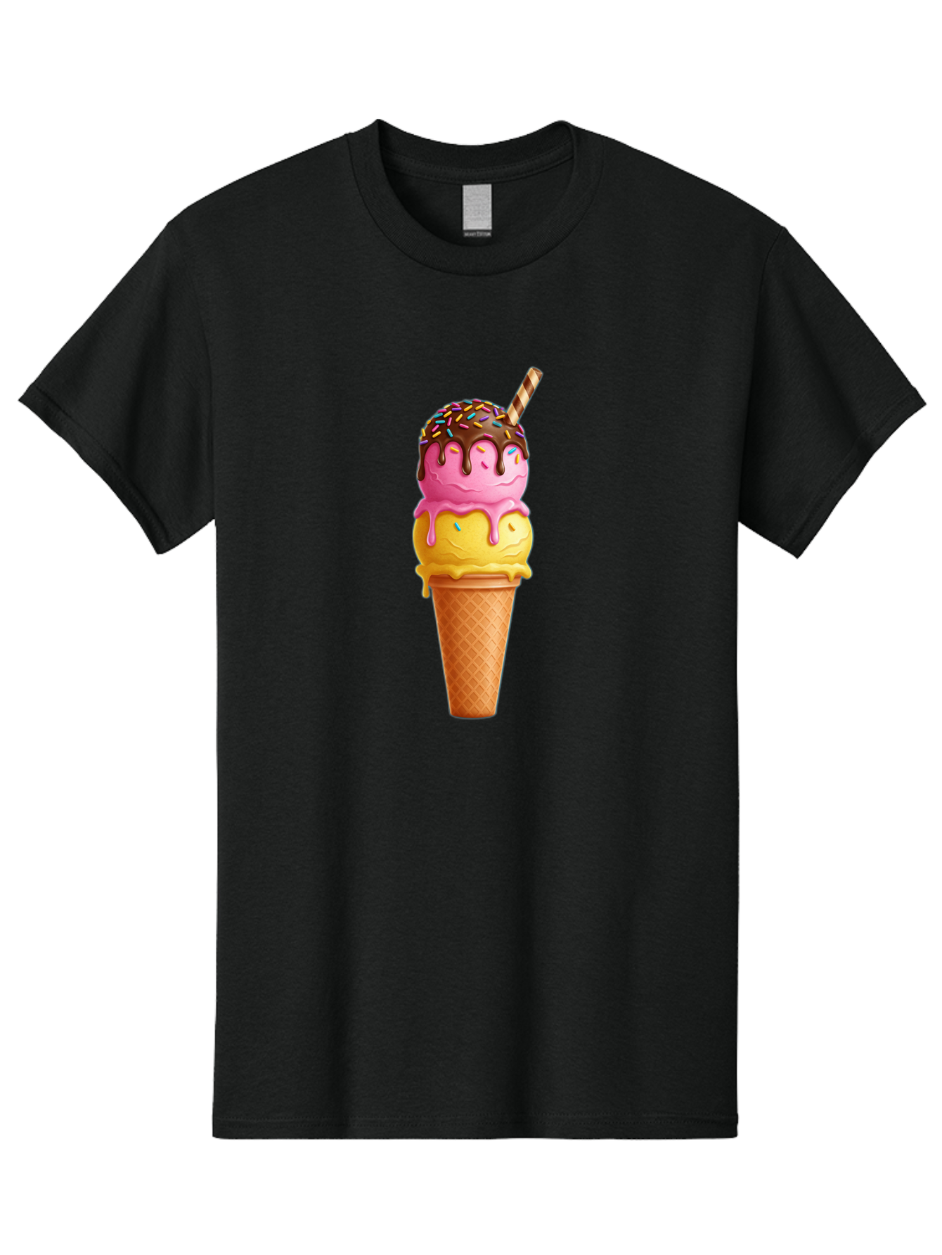 Ice-Cream-Cone-10 Men'S Graphic Tee, 100% Cotton, Comfortable Casual Summer Wear, Machine Washable, Two Scoops Of Ice Cream, Cone With Ice Cream, Waffle Cone, Strawberry Ice Cream, Banana Ice Cream, Chocolate Sauce, Sprinkles, Striped Straw, Baa855