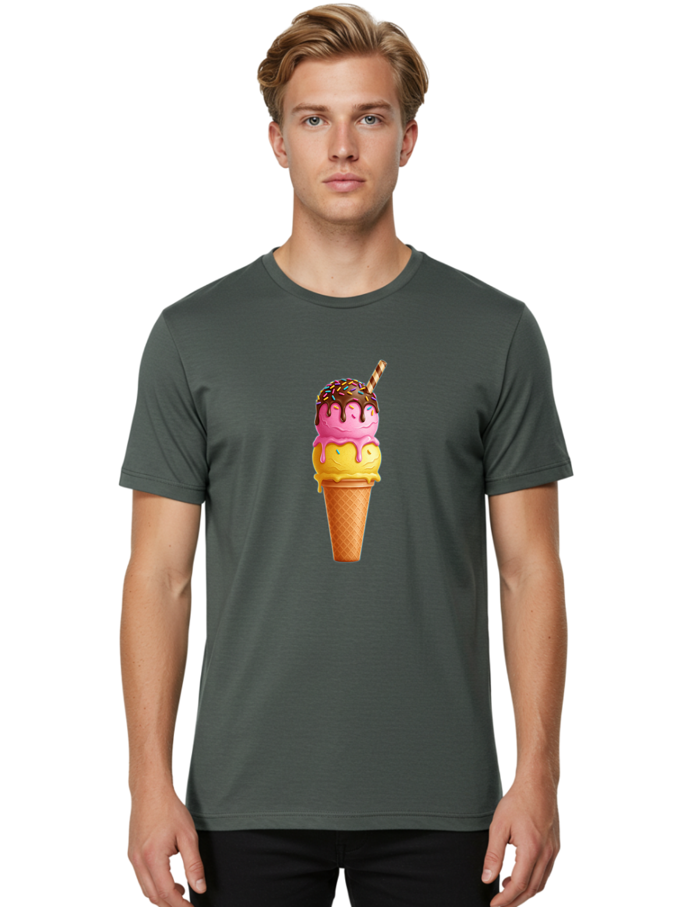 Ice-Cream-Cone-10 Men'S Graphic Tee, 100% Cotton, Comfortable Casual Summer Wear, Machine Washable, Two Scoops Of Ice Cream, Cone With Ice Cream, Waffle Cone, Strawberry Ice Cream, Banana Ice Cream, Chocolate Sauce, Sprinkles, Striped Straw, Baa855