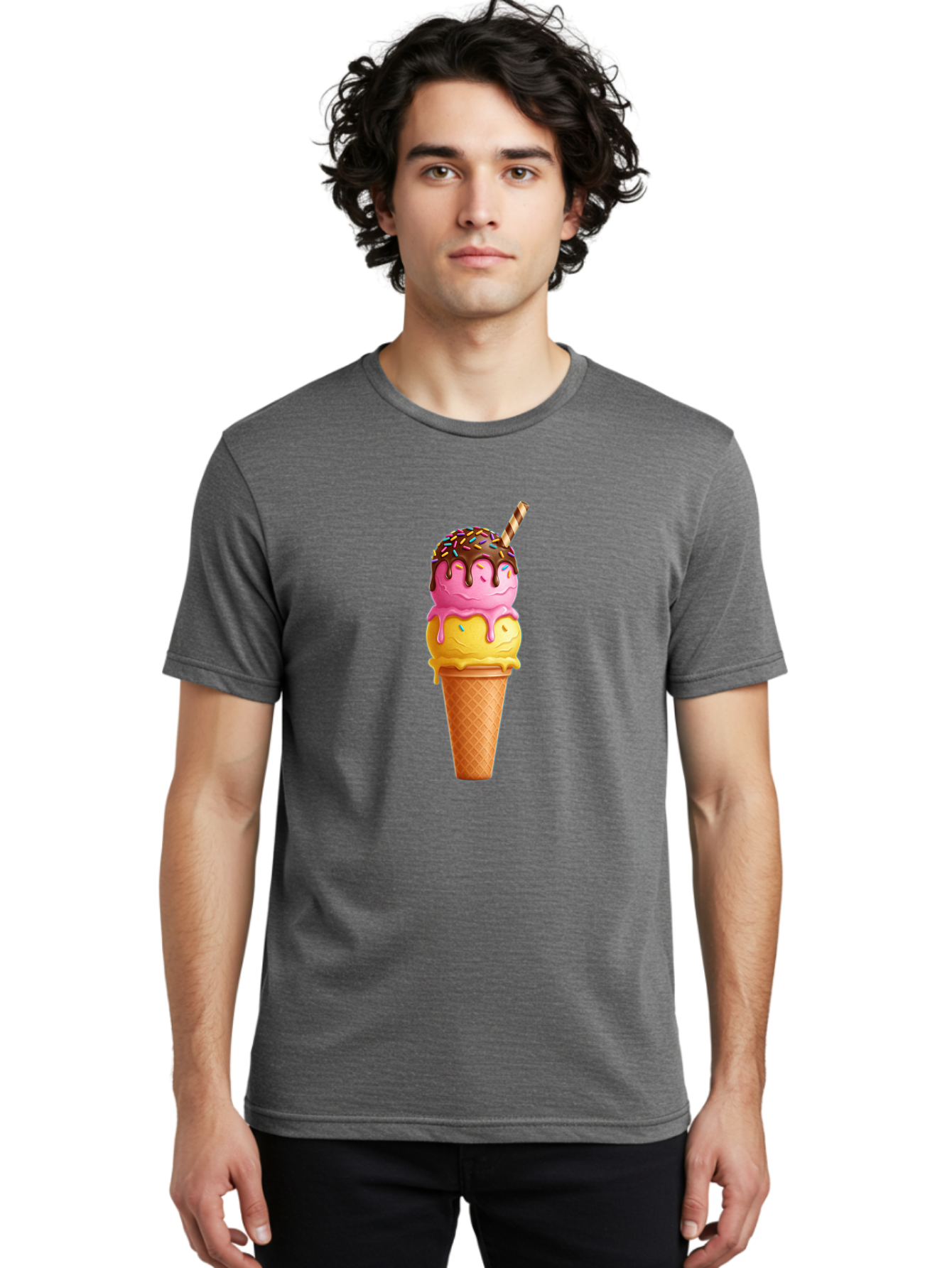 Ice-Cream-Cone-10 Men'S Graphic Tee, 100% Cotton, Comfortable Casual Summer Wear, Machine Washable, Two Scoops Of Ice Cream, Cone With Ice Cream, Waffle Cone, Strawberry Ice Cream, Banana Ice Cream, Chocolate Sauce, Sprinkles, Striped Straw, Baa855