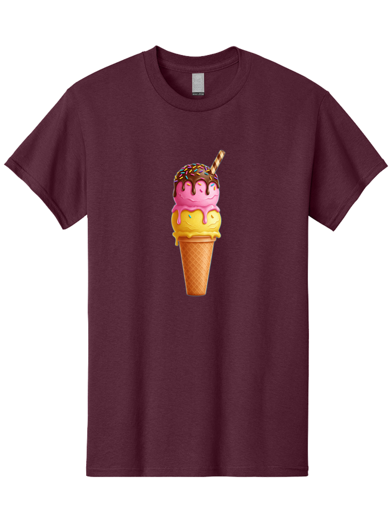 Ice-Cream-Cone-10 Men'S Graphic Tee, 100% Cotton, Comfortable Casual Summer Wear, Machine Washable, Two Scoops Of Ice Cream, Cone With Ice Cream, Waffle Cone, Strawberry Ice Cream, Banana Ice Cream, Chocolate Sauce, Sprinkles, Striped Straw, Baa855
