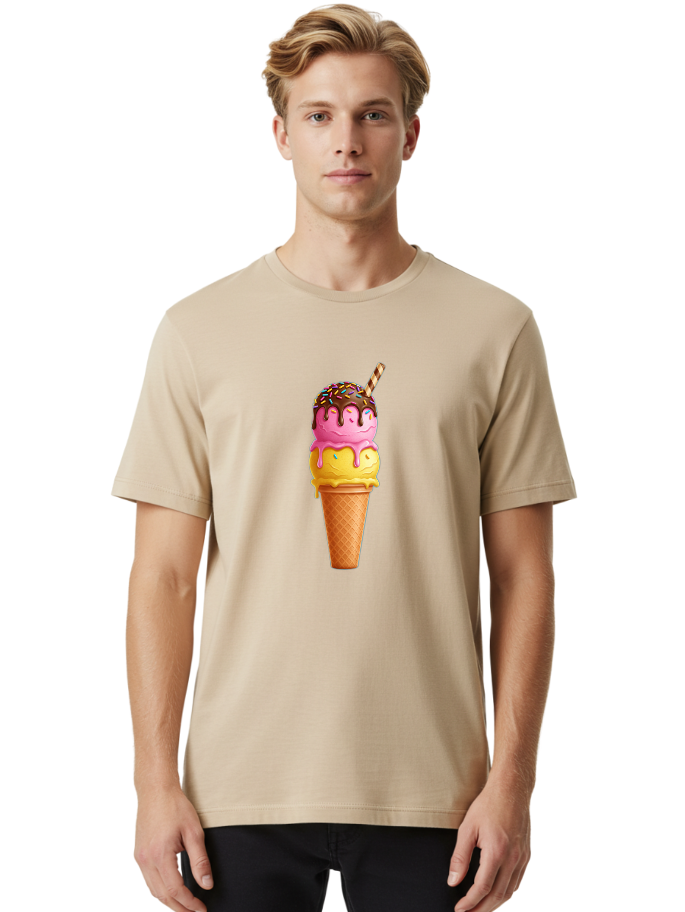 Ice-Cream-Cone-10 Men'S Graphic Tee, 100% Cotton, Comfortable Casual Summer Wear, Machine Washable, Two Scoops Of Ice Cream, Cone With Ice Cream, Waffle Cone, Strawberry Ice Cream, Banana Ice Cream, Chocolate Sauce, Sprinkles, Striped Straw, Baa855