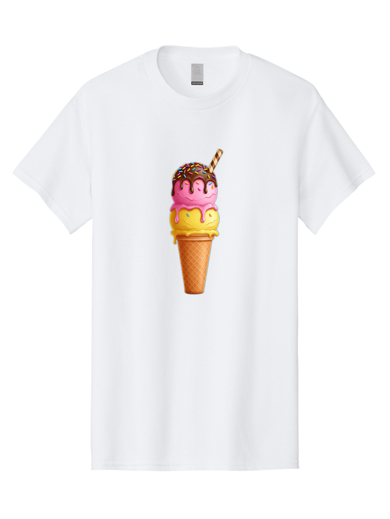 Ice-Cream-Cone-10 Men'S Graphic Tee, 100% Cotton, Comfortable Casual Summer Wear, Machine Washable, Two Scoops Of Ice Cream, Cone With Ice Cream, Waffle Cone, Strawberry Ice Cream, Banana Ice Cream, Chocolate Sauce, Sprinkles, Striped Straw, Baa855