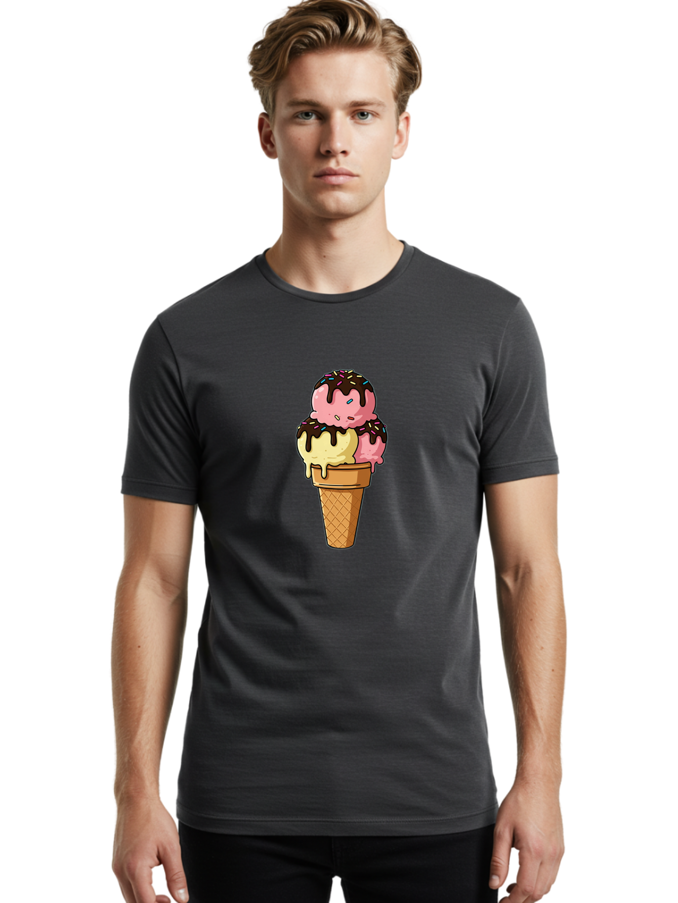 Ice-Cream-Cone-11 Men'S Graphic Tee, 100% Cotton, Comfortable Casual Summer Wear, Machine Washable, Ice Cream Cone, Triple Scoop, Pink And Yellow Ice Cream, Chocolate Sauce, Sprinkles, Dripping Ice Cream, Sweet Treats, Dessert Illustration, Baa856