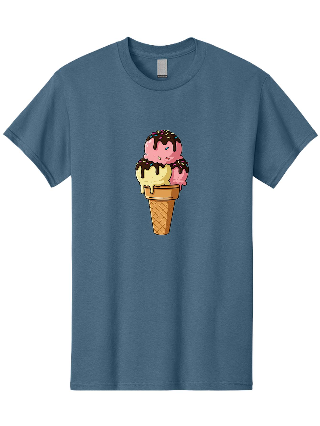 Ice-Cream-Cone-11 Men'S Graphic Tee, 100% Cotton, Comfortable Casual Summer Wear, Machine Washable, Ice Cream Cone, Triple Scoop, Pink And Yellow Ice Cream, Chocolate Sauce, Sprinkles, Dripping Ice Cream, Sweet Treats, Dessert Illustration, Baa856