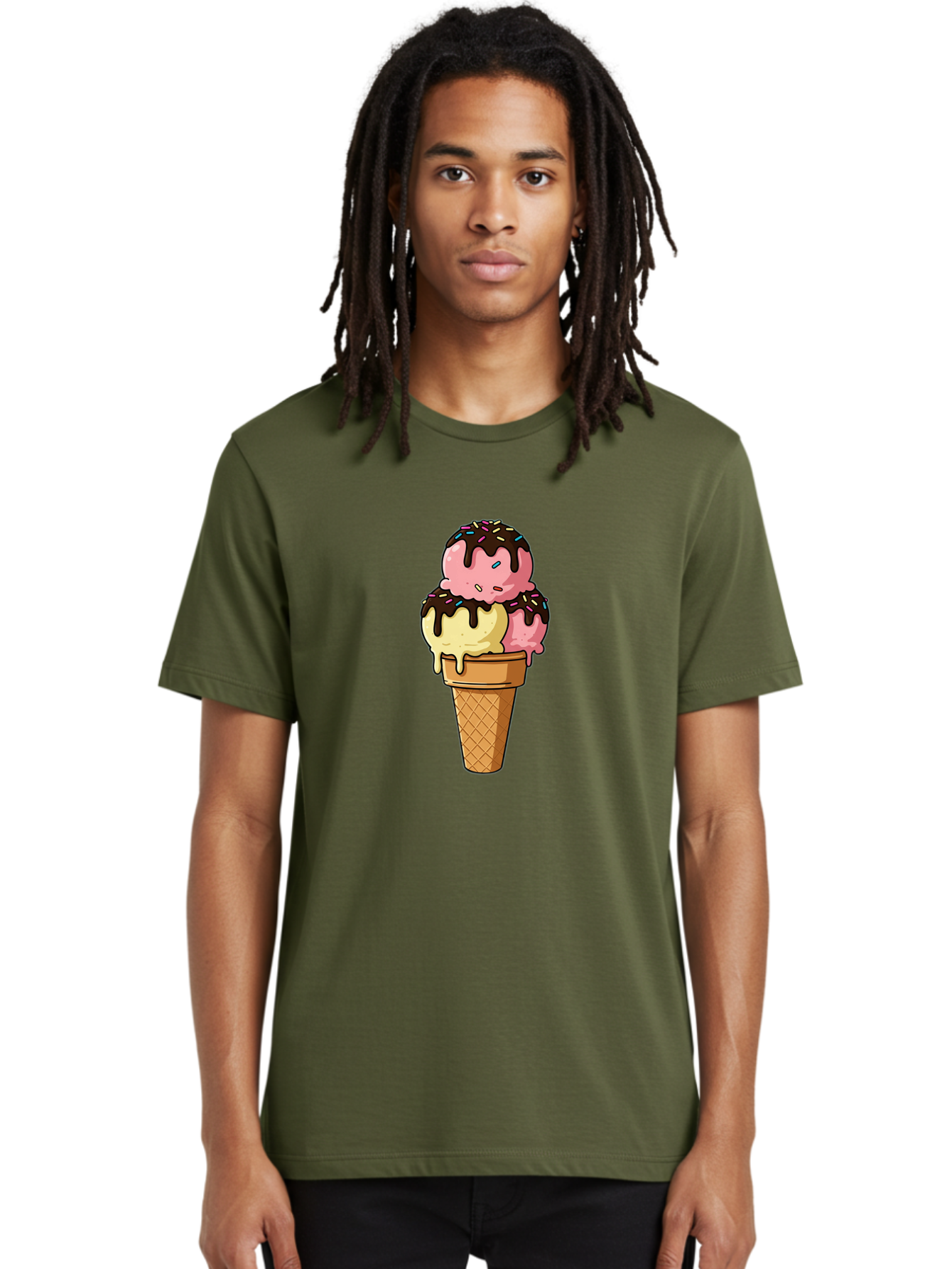 Ice-Cream-Cone-11 Men'S Graphic Tee, 100% Cotton, Comfortable Casual Summer Wear, Machine Washable, Ice Cream Cone, Triple Scoop, Pink And Yellow Ice Cream, Chocolate Sauce, Sprinkles, Dripping Ice Cream, Sweet Treats, Dessert Illustration, Baa856