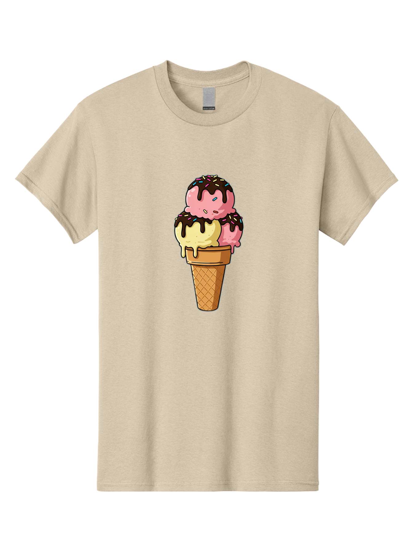 Ice-Cream-Cone-11 Men'S Graphic Tee, 100% Cotton, Comfortable Casual Summer Wear, Machine Washable, Ice Cream Cone, Triple Scoop, Pink And Yellow Ice Cream, Chocolate Sauce, Sprinkles, Dripping Ice Cream, Sweet Treats, Dessert Illustration, Baa856