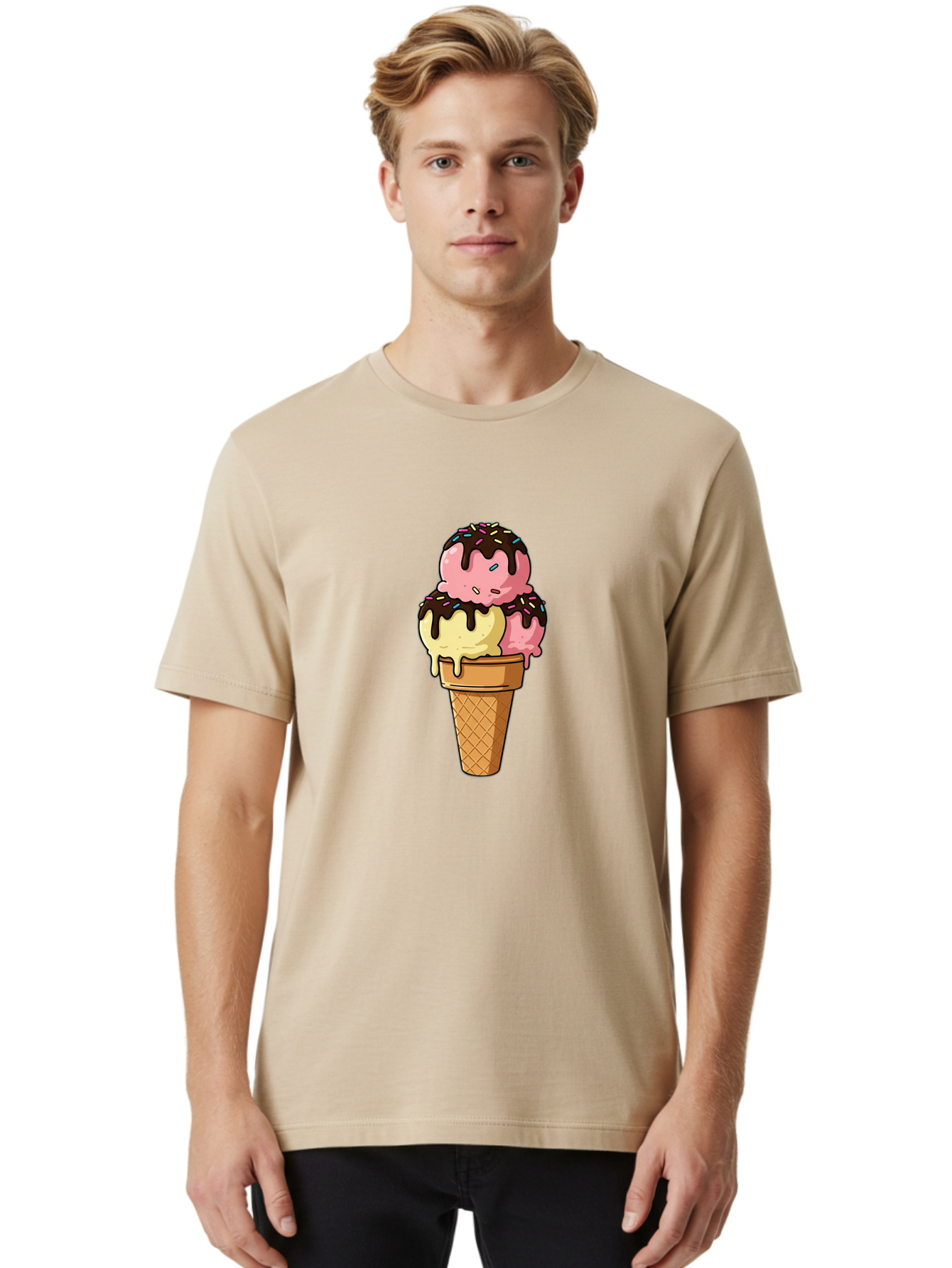 Ice-Cream-Cone-11 Men'S Graphic Tee, 100% Cotton, Comfortable Casual Summer Wear, Machine Washable, Ice Cream Cone, Triple Scoop, Pink And Yellow Ice Cream, Chocolate Sauce, Sprinkles, Dripping Ice Cream, Sweet Treats, Dessert Illustration, Baa856