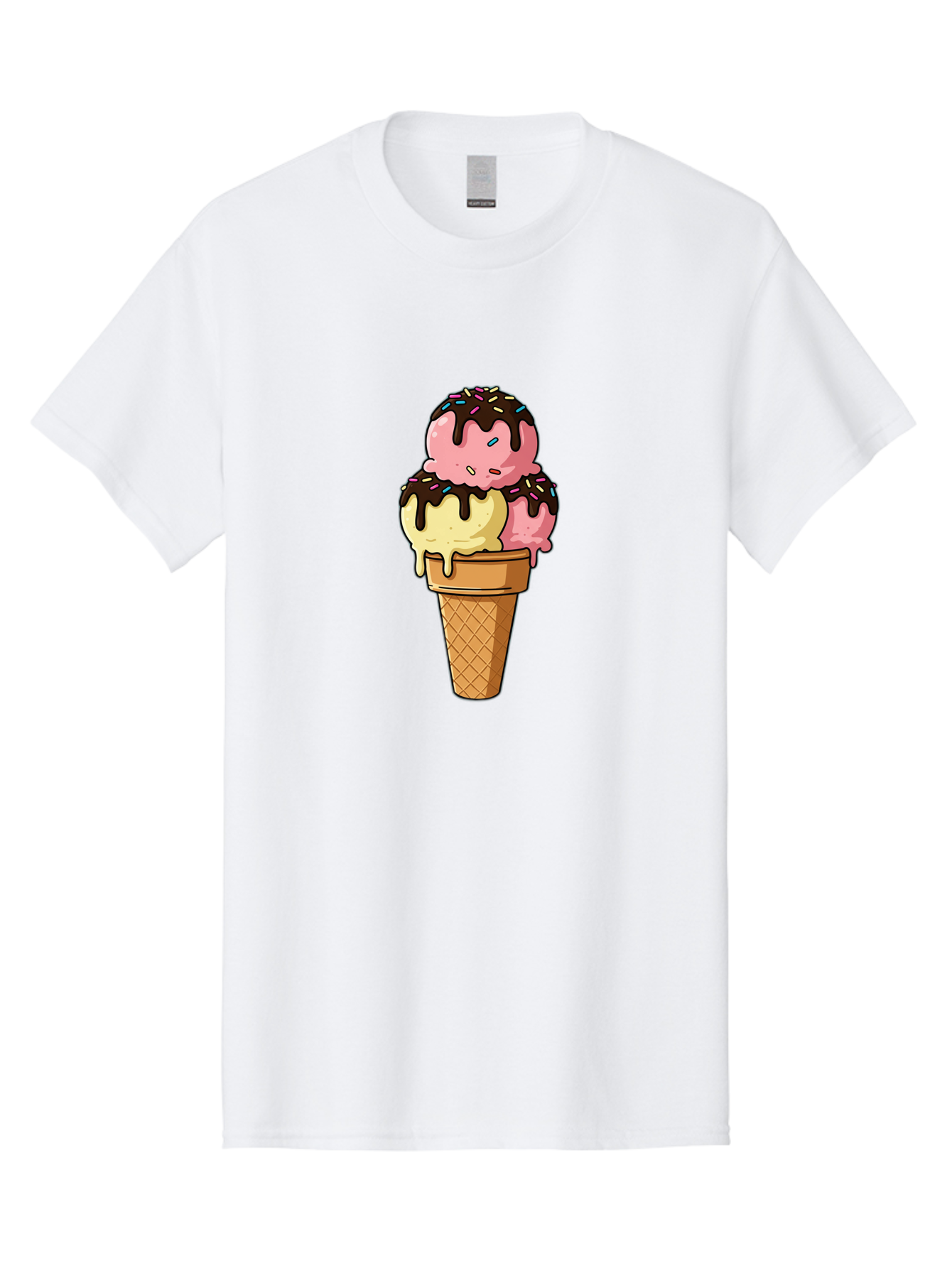 Ice-Cream-Cone-11 Men'S Graphic Tee, 100% Cotton, Comfortable Casual Summer Wear, Machine Washable, Ice Cream Cone, Triple Scoop, Pink And Yellow Ice Cream, Chocolate Sauce, Sprinkles, Dripping Ice Cream, Sweet Treats, Dessert Illustration, Baa856