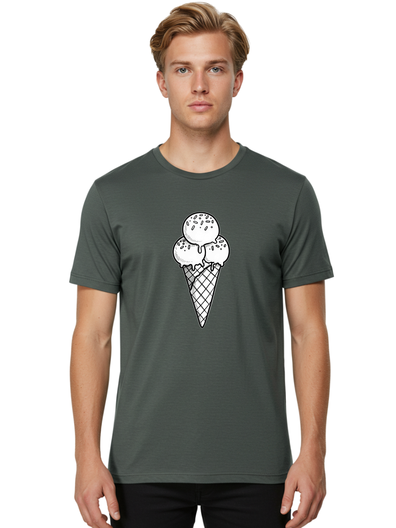 Ice-Cream-Cone-13 Men'S Graphic Tee, 100% Cotton, Comfortable Casual Summer Wear, Machine Washable, Ice Cream Cone, Three Scoops, Melting Ice Cream, Sweet Treats, Dessert Ideas, Ice Cream Lovers, Hand-Drawn Illustration, Sprinkles, Waffle Cone Baa858