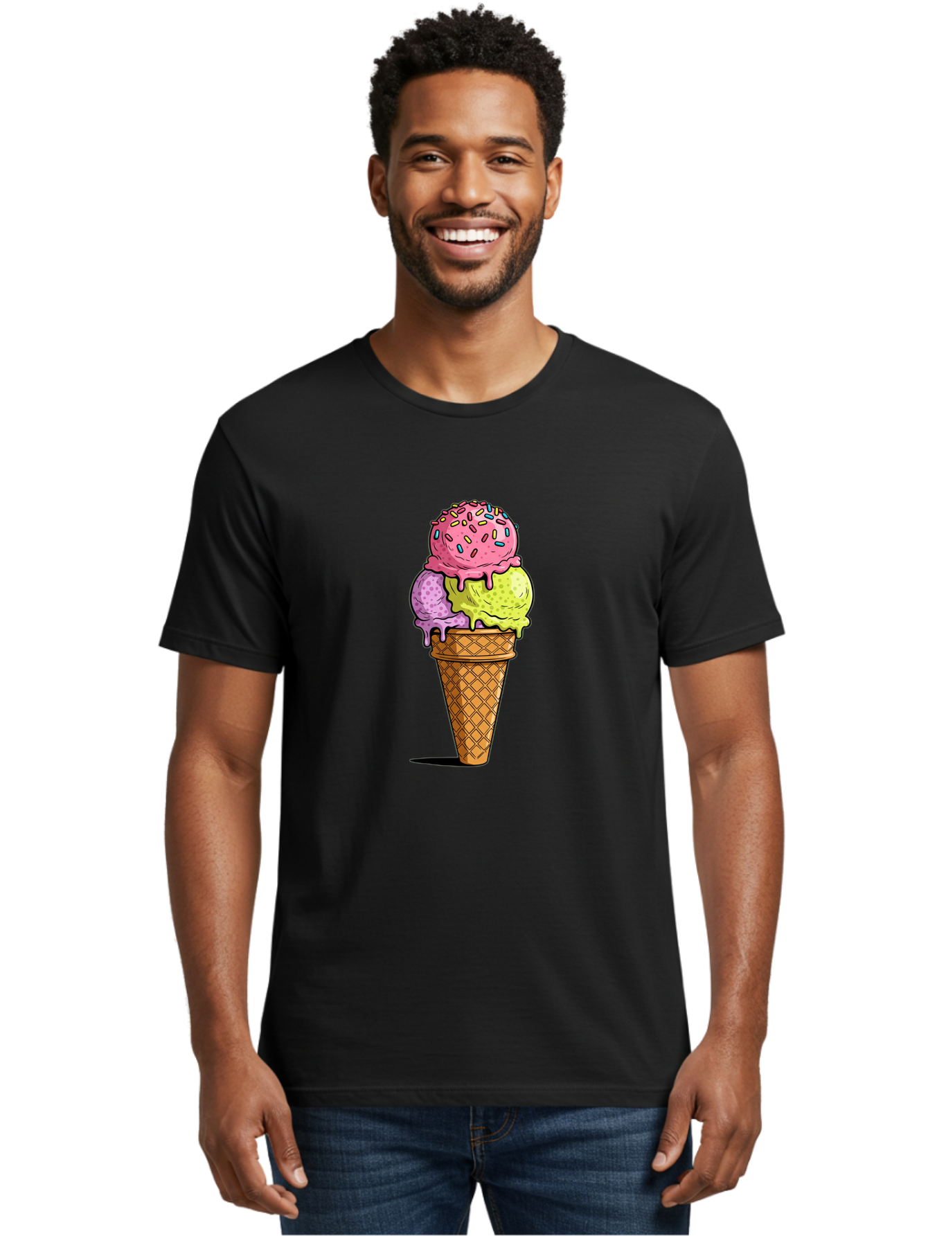 Ice-Cream-Cone-14 Men'S Graphic Tee, 100% Cotton, Comfortable Casual Summer Wear, Machine Washable, Triple Scoop Ice Cream Cone, Colorful Ice Cream, Waffle Cone, Melting Ice Cream, Sprinkles, Pastel Colors, Sweet Treat, Dessert, Summer Snack, Baa859