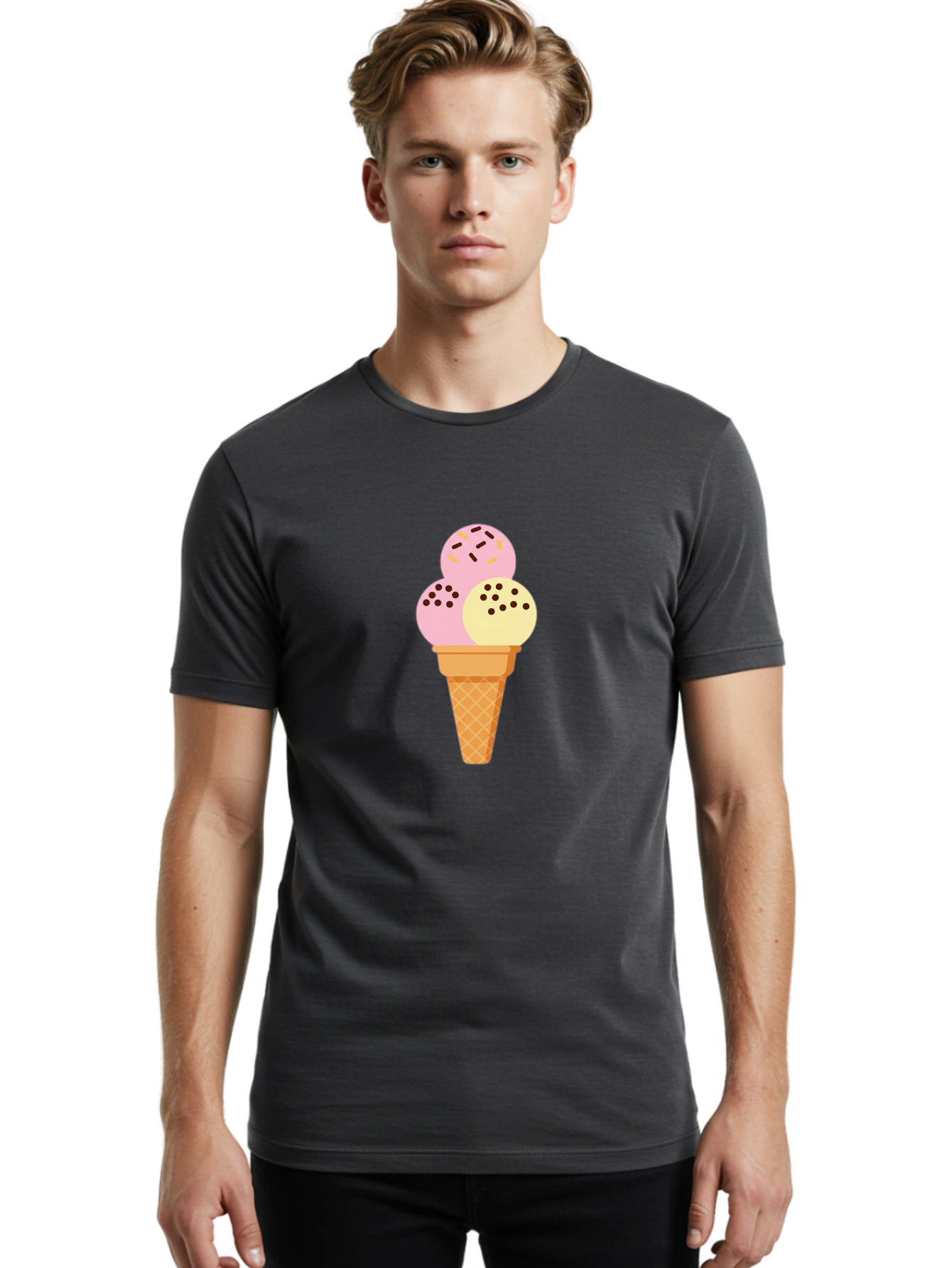 Ice-Cream-Cone-15 Men'S Graphic Tee, 100% Cotton, Comfortable Casual Summer Wear, Machine Washable, Ice Cream Cone, Three Scoops, Pink And Yellow Ice Cream, Chocolate Chips, Sprinkles, Frozen Dessert, Sweet Treat, Dessert Lover, Baa860