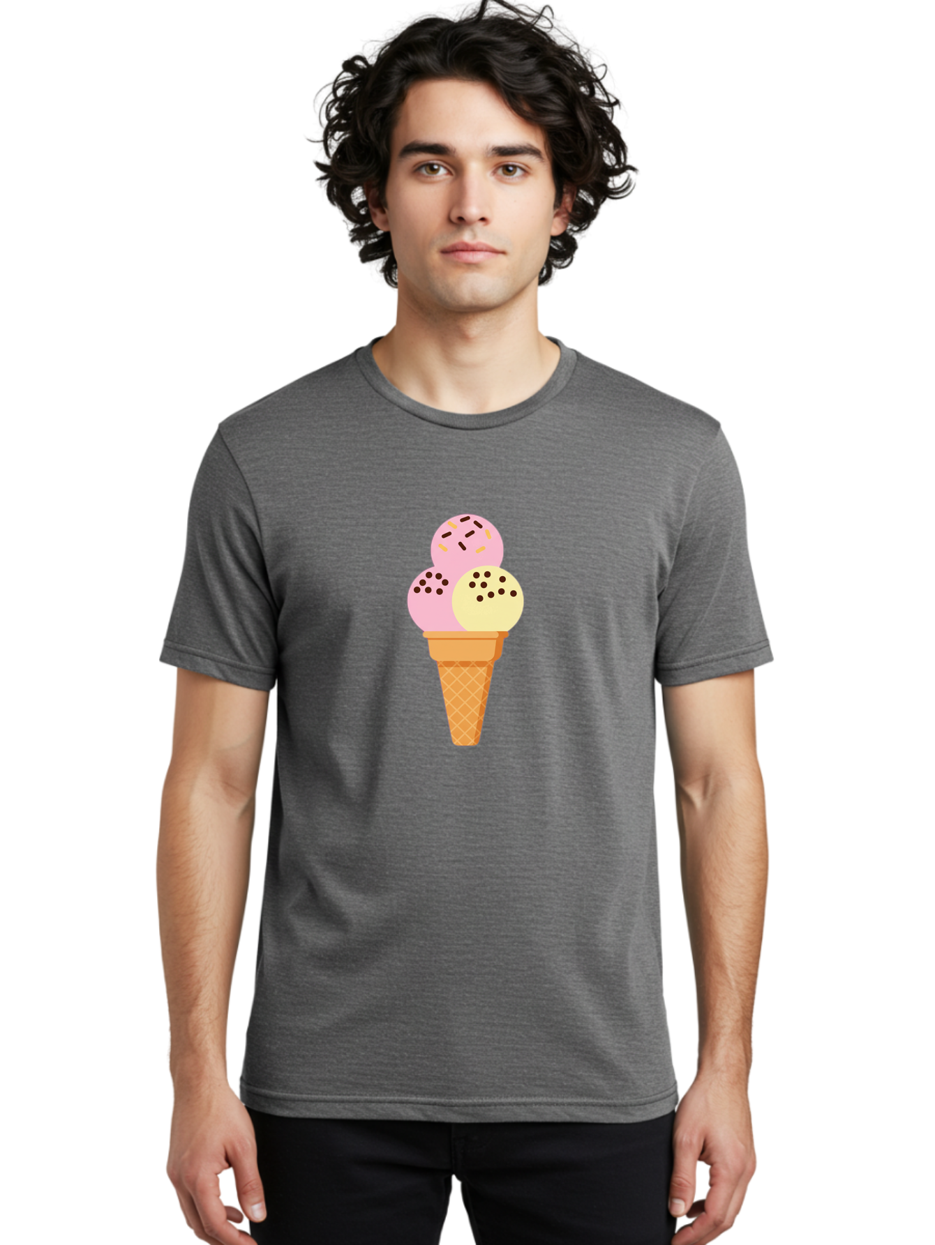 Ice-Cream-Cone-15 Men'S Graphic Tee, 100% Cotton, Comfortable Casual Summer Wear, Machine Washable, Ice Cream Cone, Three Scoops, Pink And Yellow Ice Cream, Chocolate Chips, Sprinkles, Frozen Dessert, Sweet Treat, Dessert Lover, Baa860