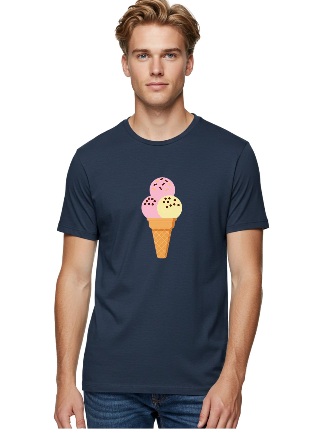 Ice-Cream-Cone-15 Men'S Graphic Tee, 100% Cotton, Comfortable Casual Summer Wear, Machine Washable, Ice Cream Cone, Three Scoops, Pink And Yellow Ice Cream, Chocolate Chips, Sprinkles, Frozen Dessert, Sweet Treat, Dessert Lover, Baa860