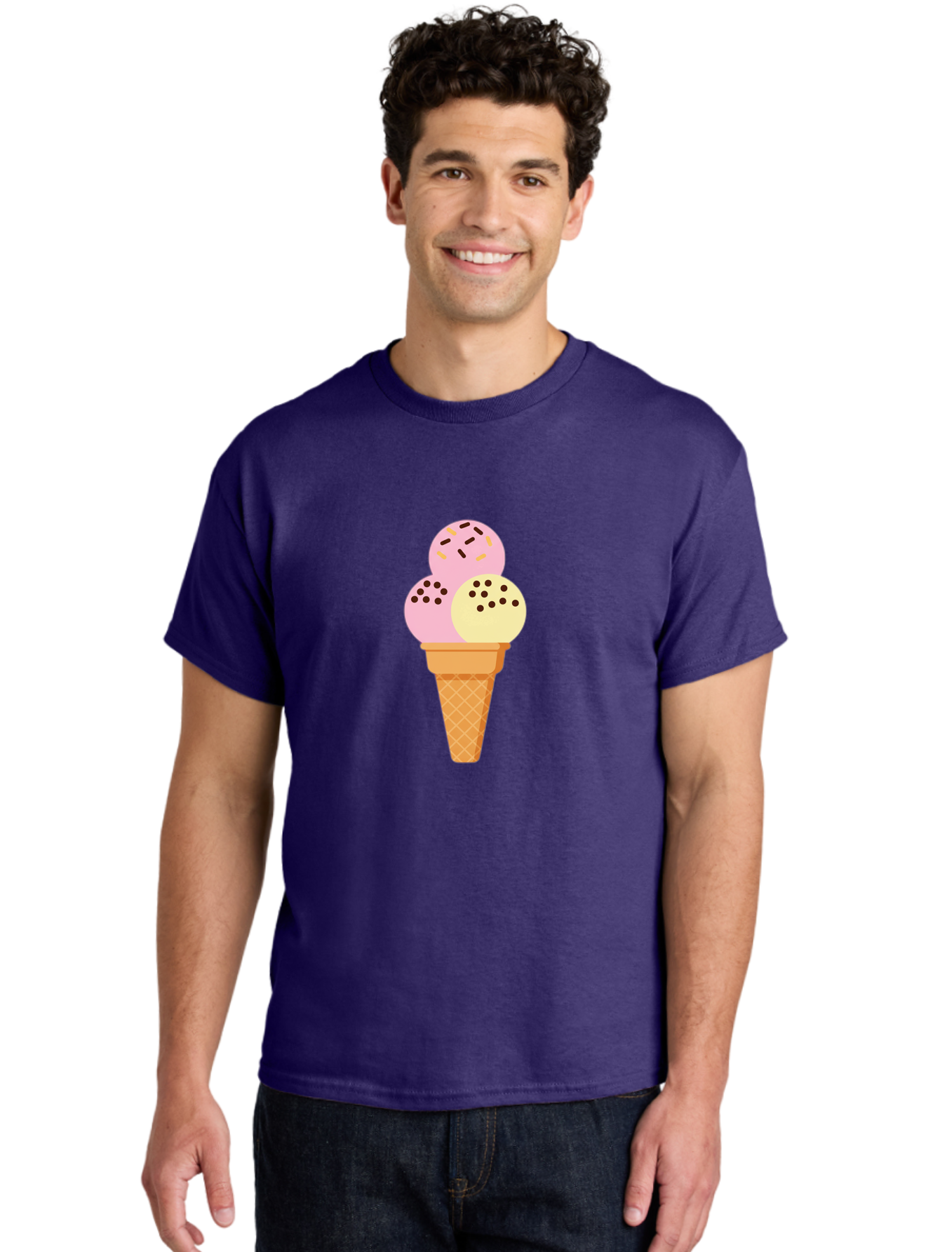 Ice-Cream-Cone-15 Men'S Graphic Tee, 100% Cotton, Comfortable Casual Summer Wear, Machine Washable, Ice Cream Cone, Three Scoops, Pink And Yellow Ice Cream, Chocolate Chips, Sprinkles, Frozen Dessert, Sweet Treat, Dessert Lover, Baa860