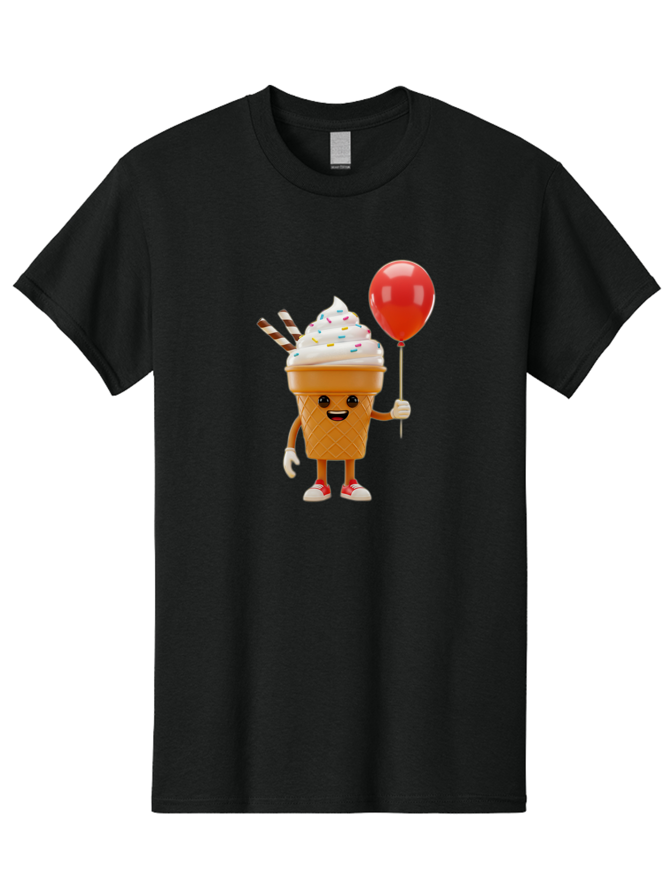 Ice-Cream-Cone-2 Men'S Graphic Tee, 100% Cotton, Comfortable Casual Summer Wear, Machine Washable, Ice Cream Cone With Face, Cartoon Character, Whipped Cream, Sprinkles, Red Balloon, Party Theme, Funny Illustration, Colorful Dessert, Baa863