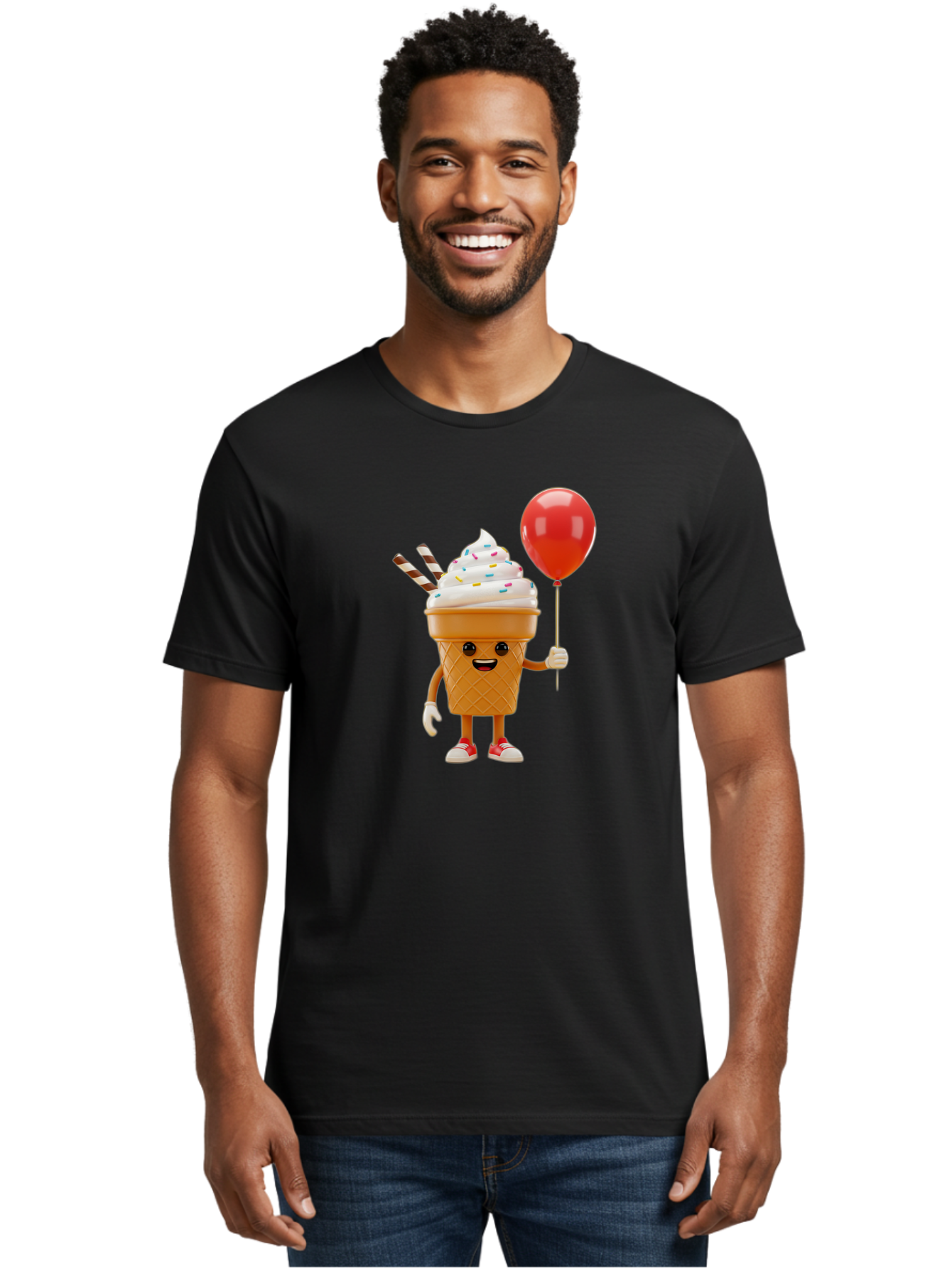 Ice-Cream-Cone-2 Men'S Graphic Tee, 100% Cotton, Comfortable Casual Summer Wear, Machine Washable, Ice Cream Cone With Face, Cartoon Character, Whipped Cream, Sprinkles, Red Balloon, Party Theme, Funny Illustration, Colorful Dessert, Baa863