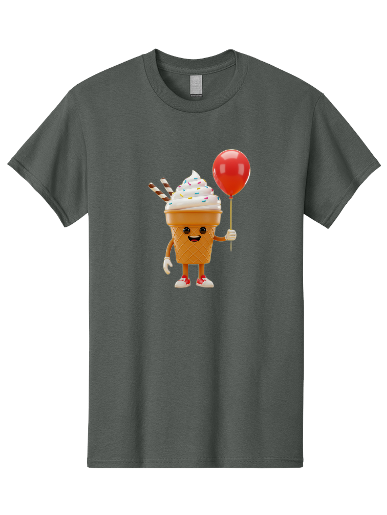 Ice-Cream-Cone-2 Men'S Graphic Tee, 100% Cotton, Comfortable Casual Summer Wear, Machine Washable, Ice Cream Cone With Face, Cartoon Character, Whipped Cream, Sprinkles, Red Balloon, Party Theme, Funny Illustration, Colorful Dessert, Baa863
