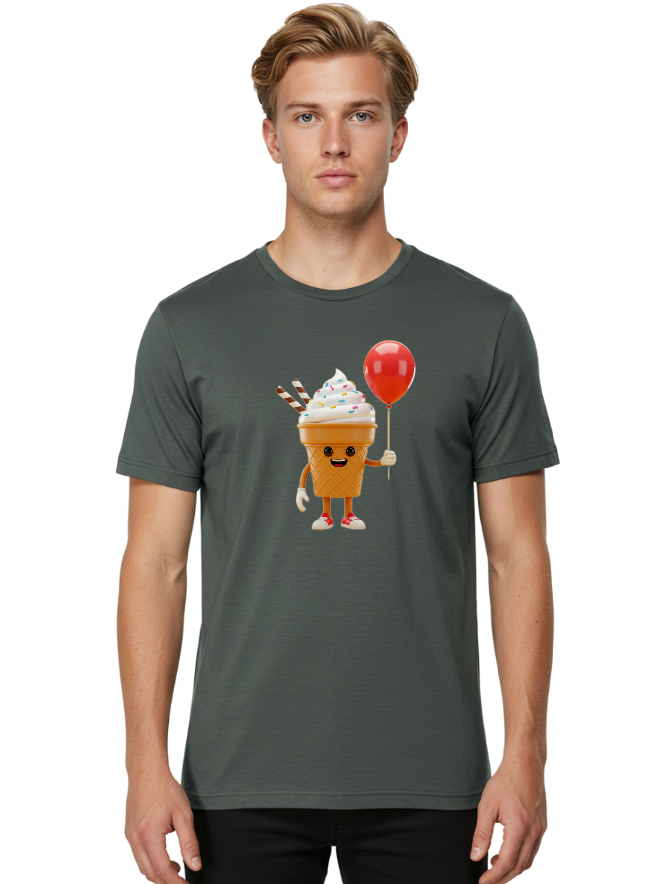 Ice-Cream-Cone-2 Men'S Graphic Tee, 100% Cotton, Comfortable Casual Summer Wear, Machine Washable, Ice Cream Cone With Face, Cartoon Character, Whipped Cream, Sprinkles, Red Balloon, Party Theme, Funny Illustration, Colorful Dessert, Baa863