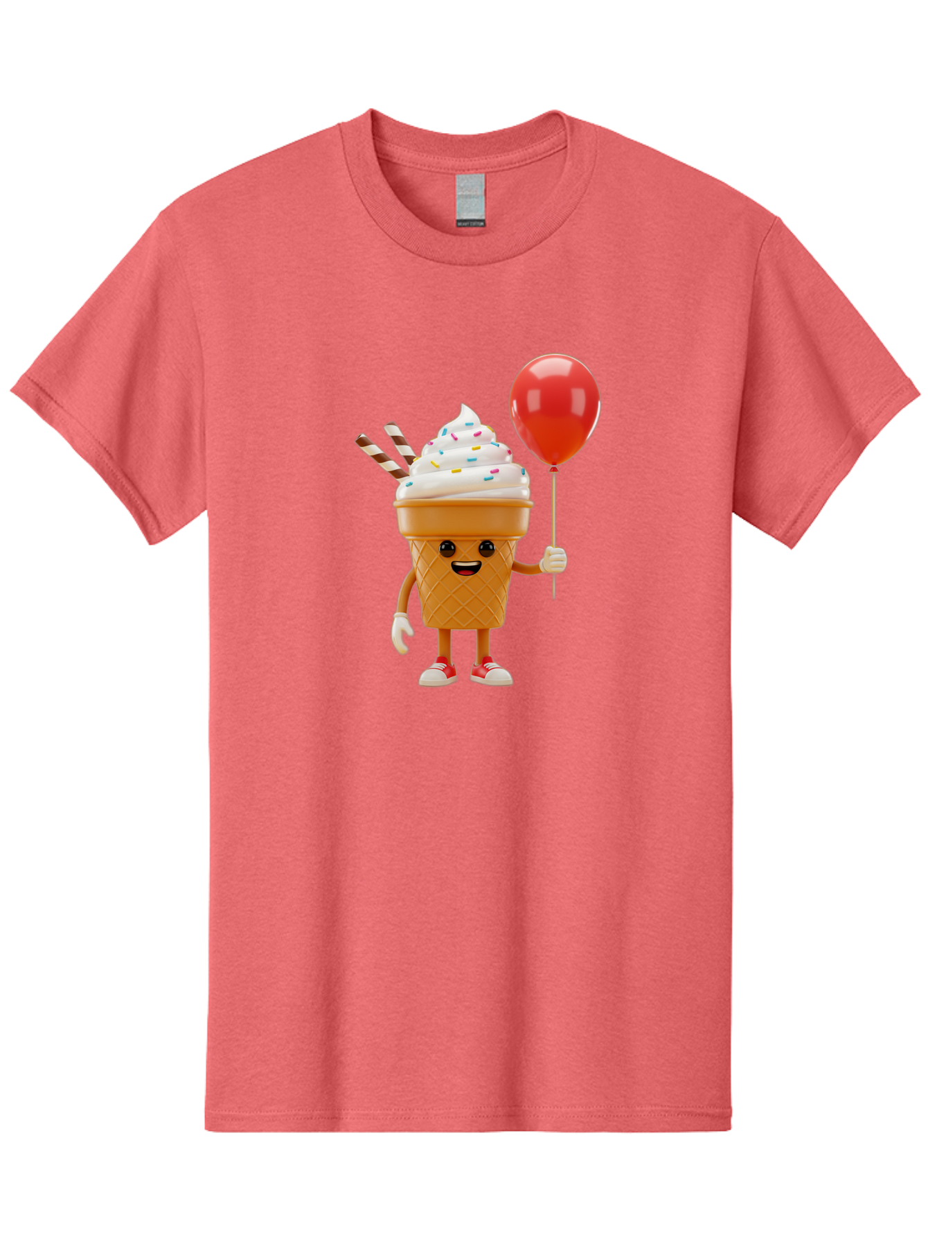 Ice-Cream-Cone-2 Men'S Graphic Tee, 100% Cotton, Comfortable Casual Summer Wear, Machine Washable, Ice Cream Cone With Face, Cartoon Character, Whipped Cream, Sprinkles, Red Balloon, Party Theme, Funny Illustration, Colorful Dessert, Baa863