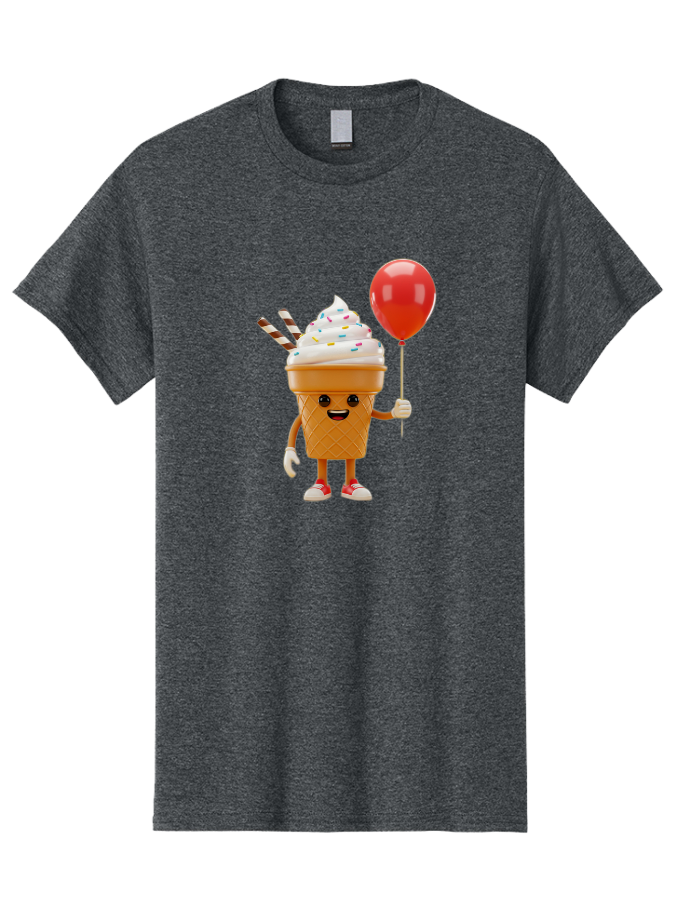 Ice-Cream-Cone-2 Men'S Graphic Tee, 100% Cotton, Comfortable Casual Summer Wear, Machine Washable, Ice Cream Cone With Face, Cartoon Character, Whipped Cream, Sprinkles, Red Balloon, Party Theme, Funny Illustration, Colorful Dessert, Baa863