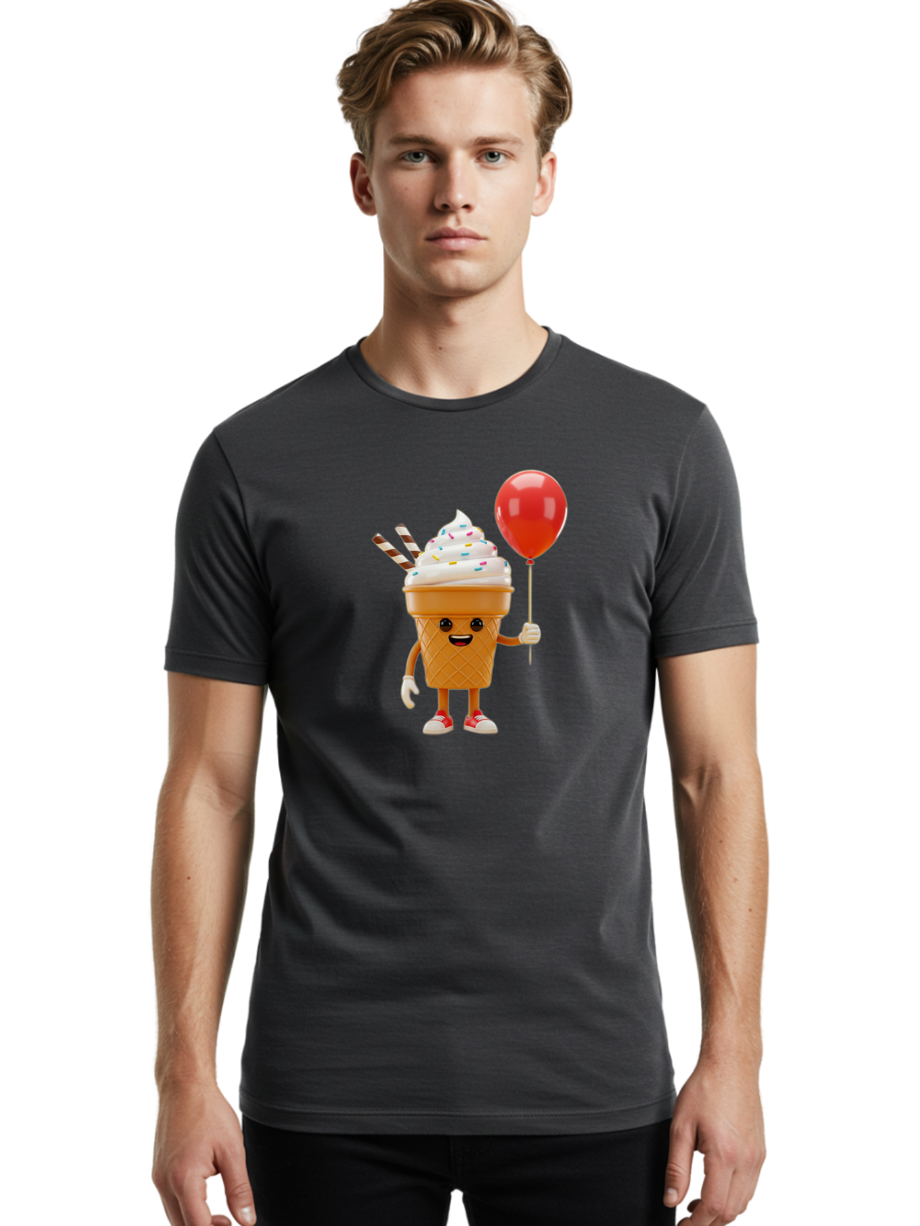 Ice-Cream-Cone-2 Men'S Graphic Tee, 100% Cotton, Comfortable Casual Summer Wear, Machine Washable, Ice Cream Cone With Face, Cartoon Character, Whipped Cream, Sprinkles, Red Balloon, Party Theme, Funny Illustration, Colorful Dessert, Baa863