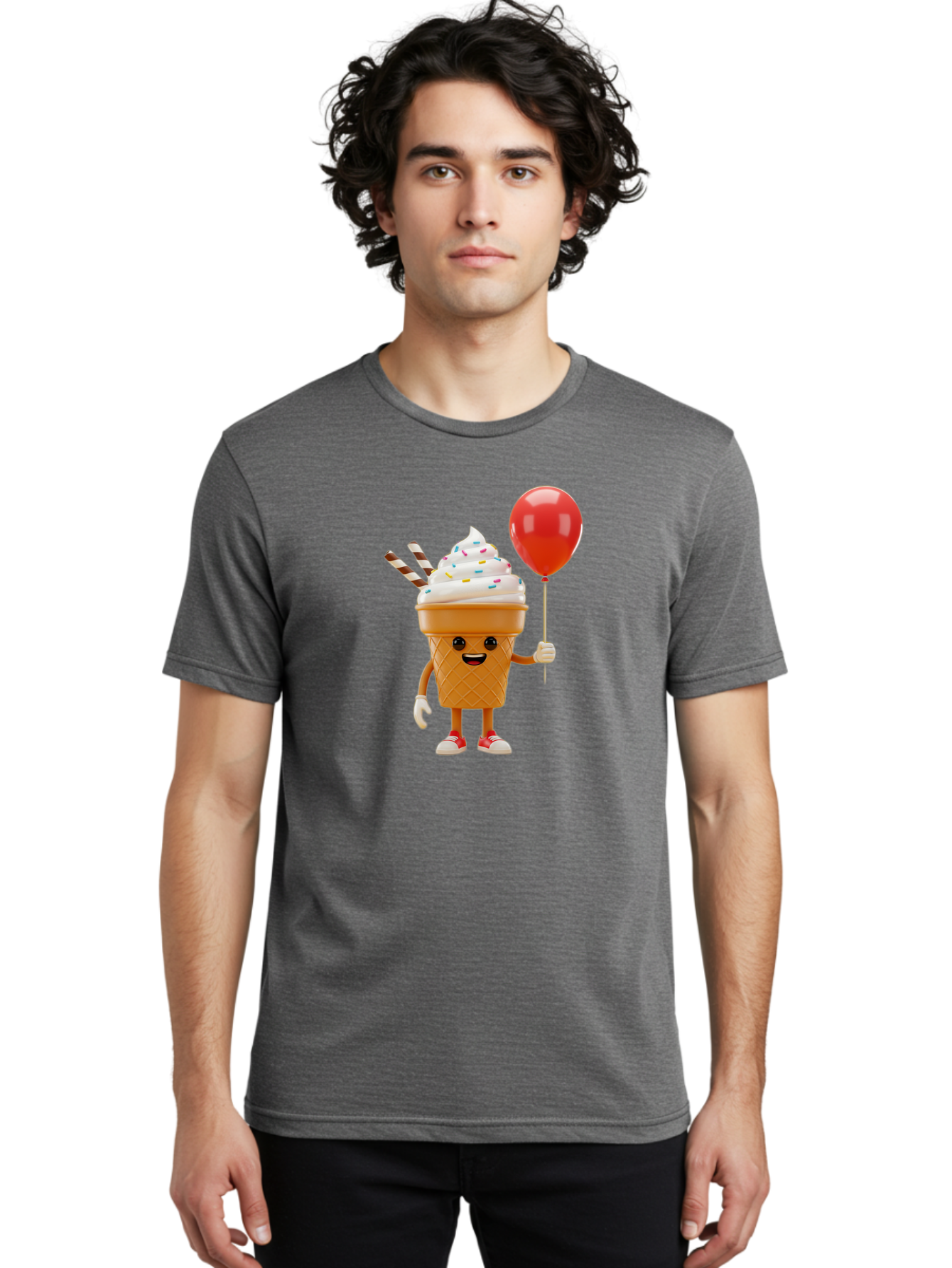 Ice-Cream-Cone-2 Men'S Graphic Tee, 100% Cotton, Comfortable Casual Summer Wear, Machine Washable, Ice Cream Cone With Face, Cartoon Character, Whipped Cream, Sprinkles, Red Balloon, Party Theme, Funny Illustration, Colorful Dessert, Baa863