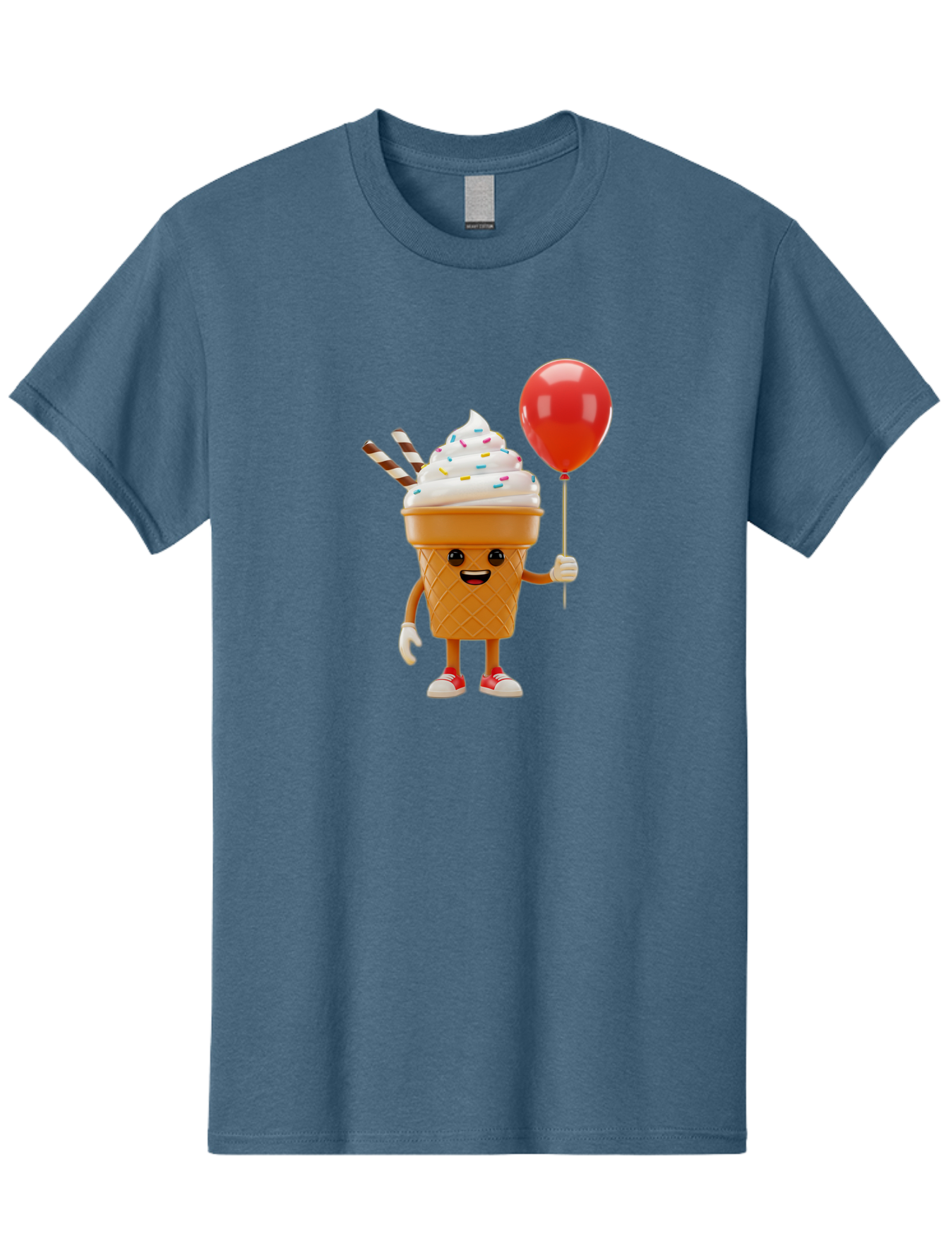 Ice-Cream-Cone-2 Men'S Graphic Tee, 100% Cotton, Comfortable Casual Summer Wear, Machine Washable, Ice Cream Cone With Face, Cartoon Character, Whipped Cream, Sprinkles, Red Balloon, Party Theme, Funny Illustration, Colorful Dessert, Baa863