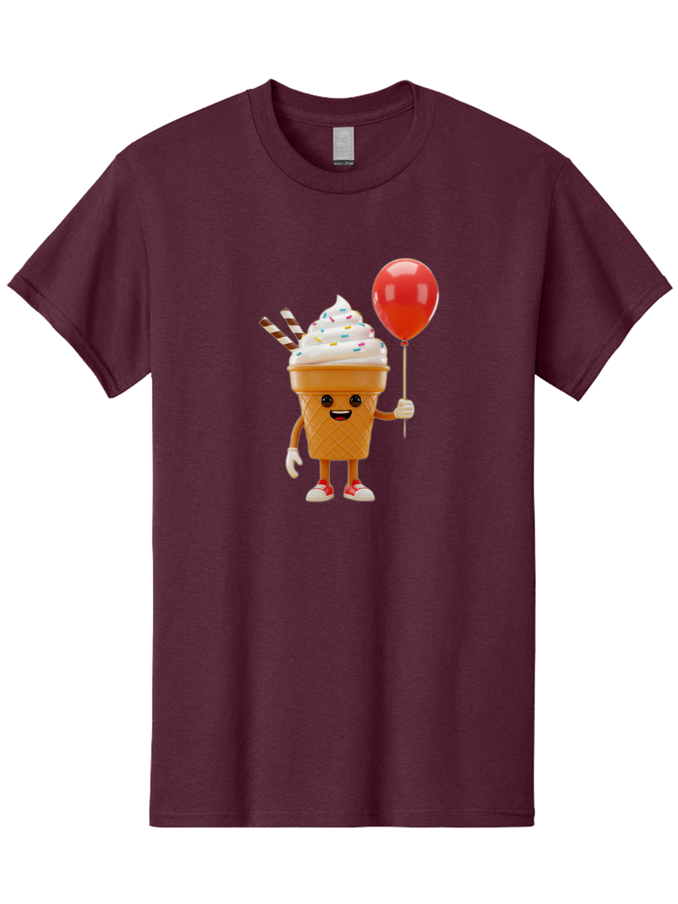 Ice-Cream-Cone-2 Men'S Graphic Tee, 100% Cotton, Comfortable Casual Summer Wear, Machine Washable, Ice Cream Cone With Face, Cartoon Character, Whipped Cream, Sprinkles, Red Balloon, Party Theme, Funny Illustration, Colorful Dessert, Baa863