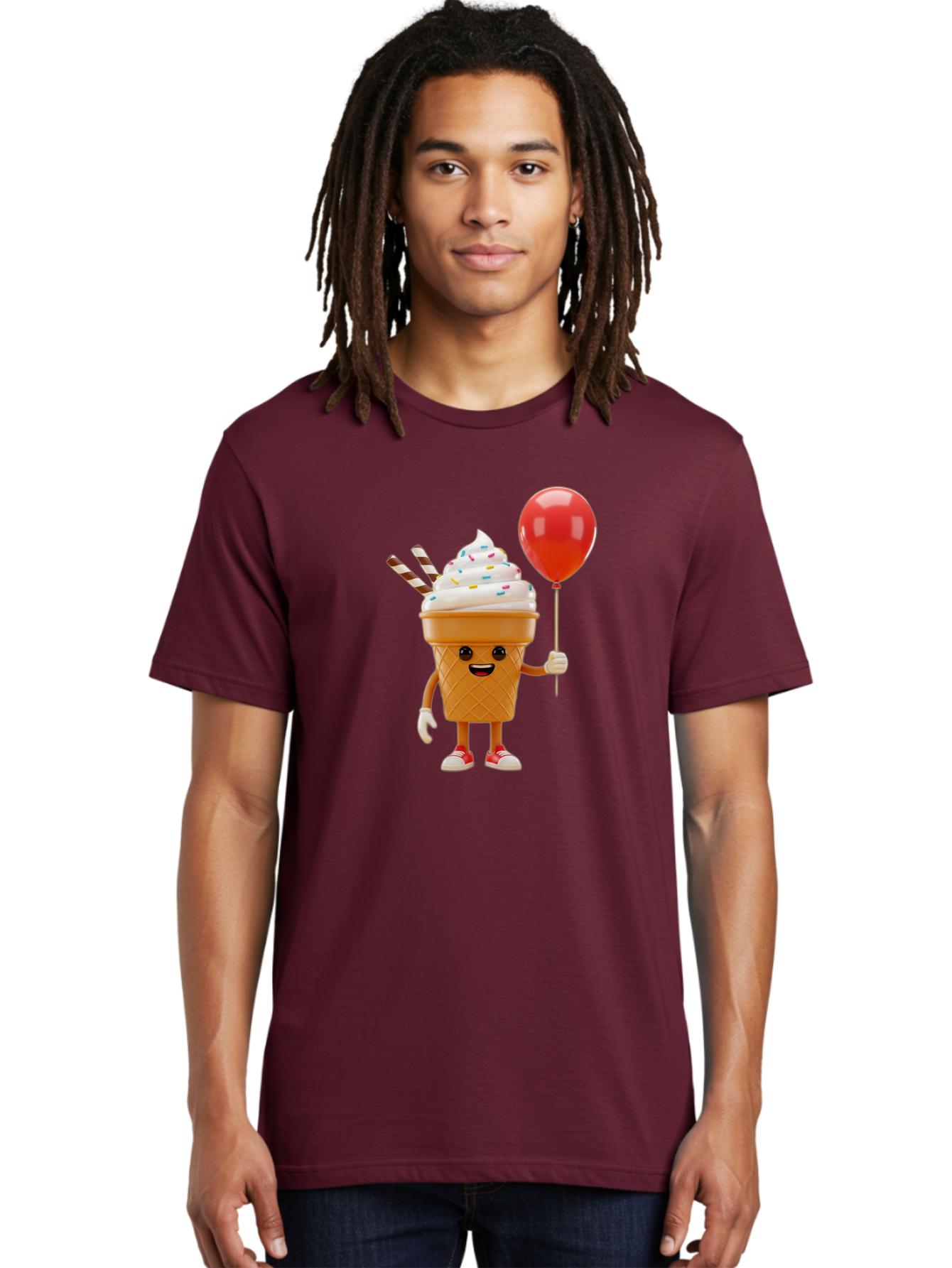 Ice-Cream-Cone-2 Men'S Graphic Tee, 100% Cotton, Comfortable Casual Summer Wear, Machine Washable, Ice Cream Cone With Face, Cartoon Character, Whipped Cream, Sprinkles, Red Balloon, Party Theme, Funny Illustration, Colorful Dessert, Baa863