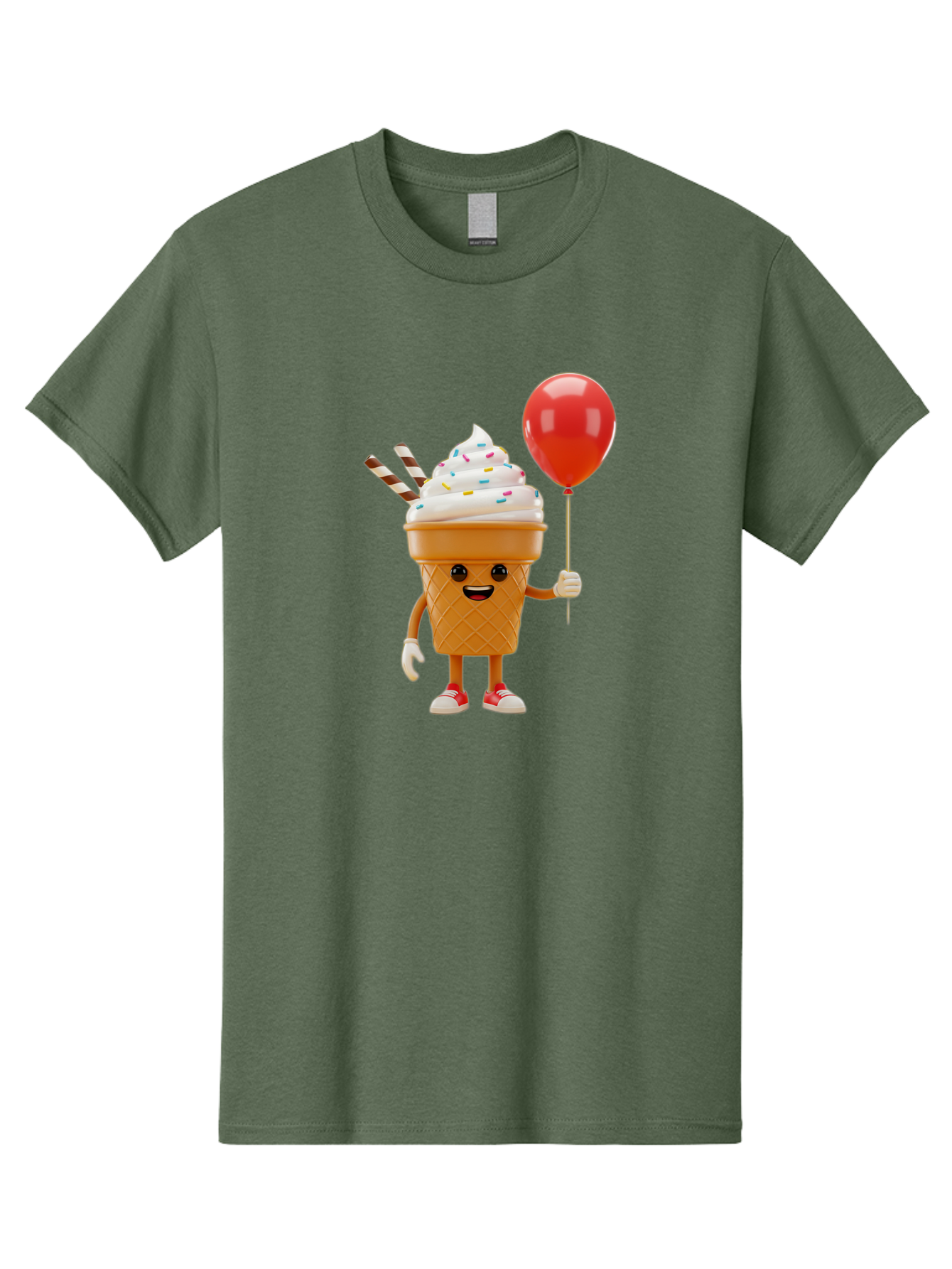 Ice-Cream-Cone-2 Men'S Graphic Tee, 100% Cotton, Comfortable Casual Summer Wear, Machine Washable, Ice Cream Cone With Face, Cartoon Character, Whipped Cream, Sprinkles, Red Balloon, Party Theme, Funny Illustration, Colorful Dessert, Baa863