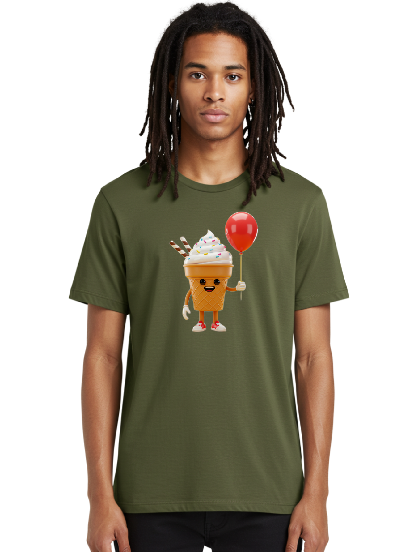 Ice-Cream-Cone-2 Men'S Graphic Tee, 100% Cotton, Comfortable Casual Summer Wear, Machine Washable, Ice Cream Cone With Face, Cartoon Character, Whipped Cream, Sprinkles, Red Balloon, Party Theme, Funny Illustration, Colorful Dessert, Baa863