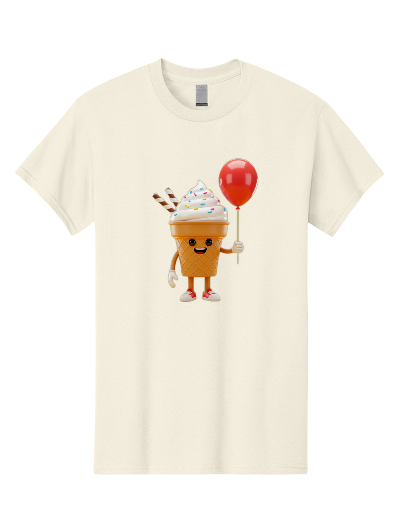 Ice-Cream-Cone-2 Men'S Graphic Tee, 100% Cotton, Comfortable Casual Summer Wear, Machine Washable, Ice Cream Cone With Face, Cartoon Character, Whipped Cream, Sprinkles, Red Balloon, Party Theme, Funny Illustration, Colorful Dessert, Baa863