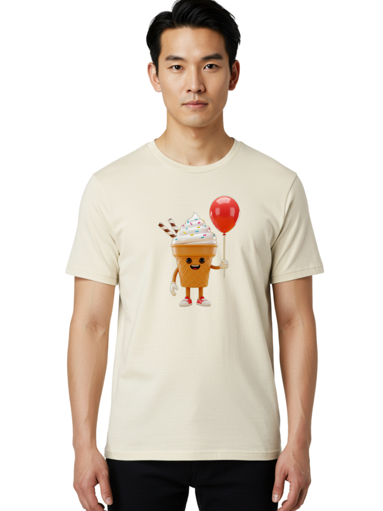 Ice-Cream-Cone-2 Men'S Graphic Tee, 100% Cotton, Comfortable Casual Summer Wear, Machine Washable, Ice Cream Cone With Face, Cartoon Character, Whipped Cream, Sprinkles, Red Balloon, Party Theme, Funny Illustration, Colorful Dessert, Baa863