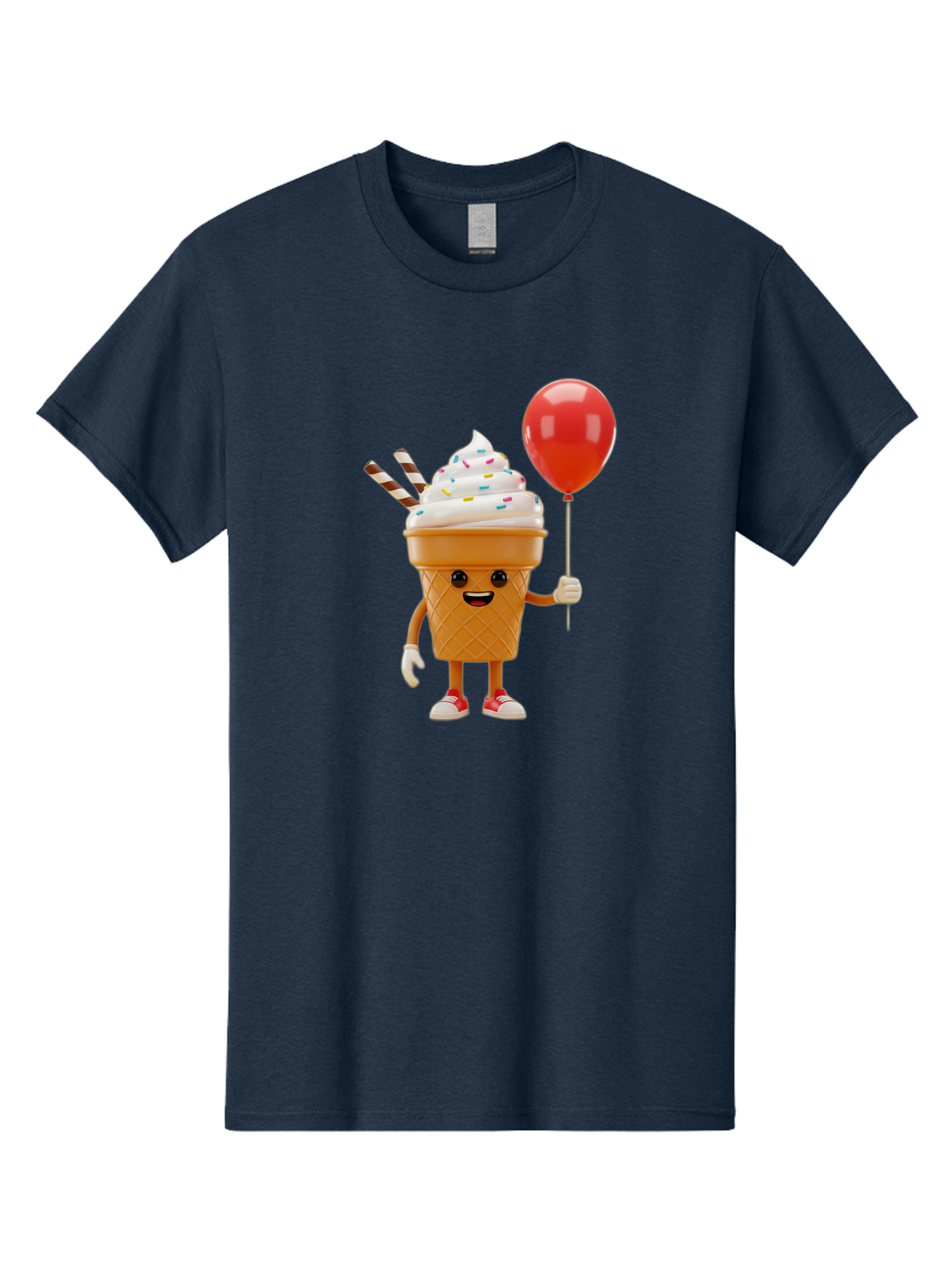 Ice-Cream-Cone-2 Men'S Graphic Tee, 100% Cotton, Comfortable Casual Summer Wear, Machine Washable, Ice Cream Cone With Face, Cartoon Character, Whipped Cream, Sprinkles, Red Balloon, Party Theme, Funny Illustration, Colorful Dessert, Baa863