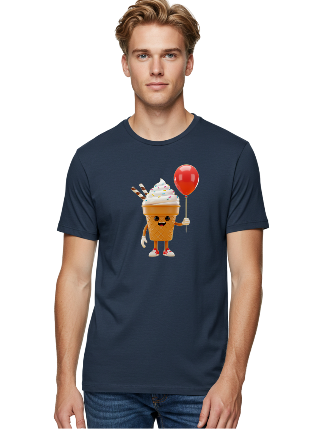 Ice-Cream-Cone-2 Men'S Graphic Tee, 100% Cotton, Comfortable Casual Summer Wear, Machine Washable, Ice Cream Cone With Face, Cartoon Character, Whipped Cream, Sprinkles, Red Balloon, Party Theme, Funny Illustration, Colorful Dessert, Baa863