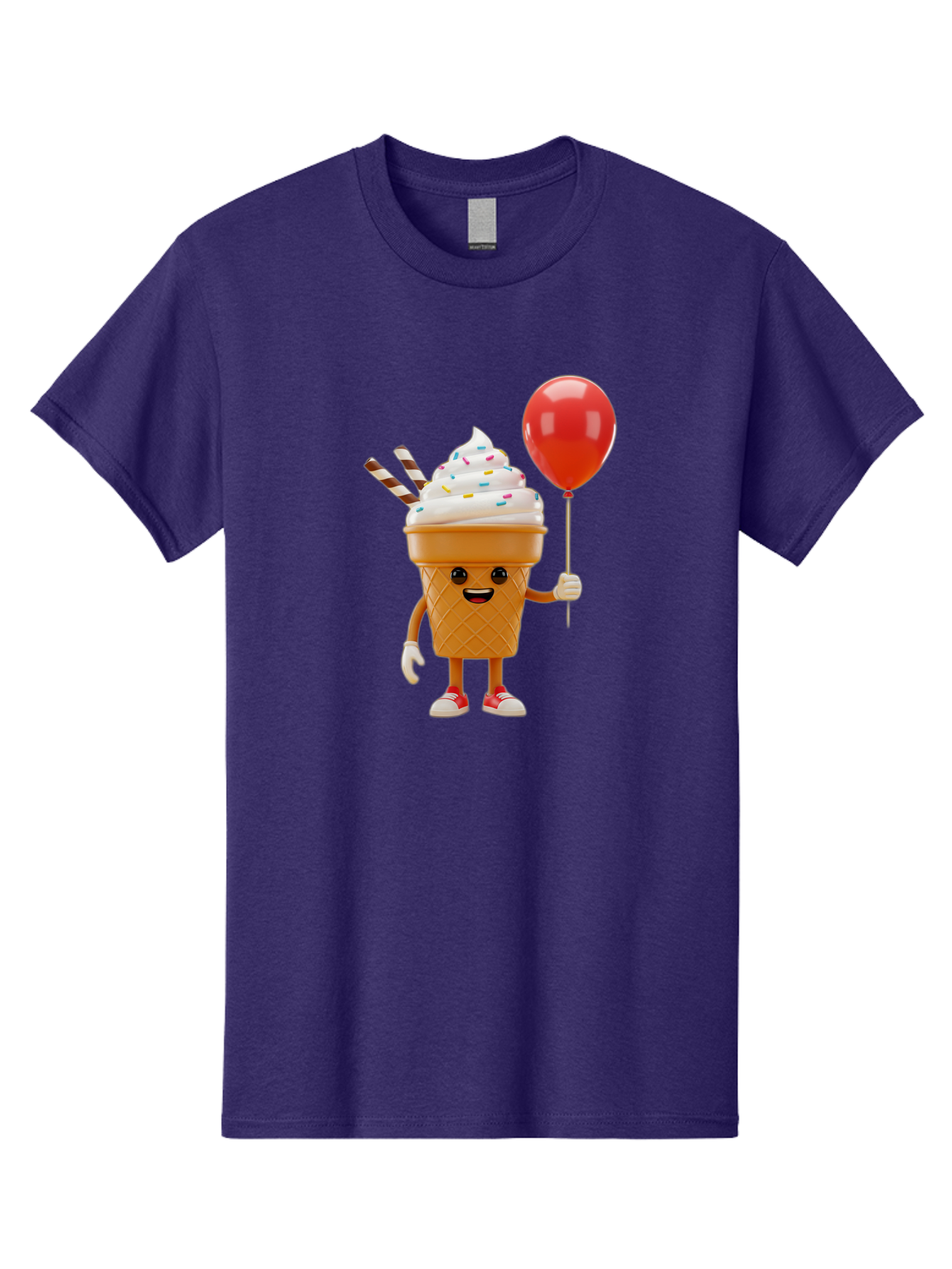 Ice-Cream-Cone-2 Men'S Graphic Tee, 100% Cotton, Comfortable Casual Summer Wear, Machine Washable, Ice Cream Cone With Face, Cartoon Character, Whipped Cream, Sprinkles, Red Balloon, Party Theme, Funny Illustration, Colorful Dessert, Baa863