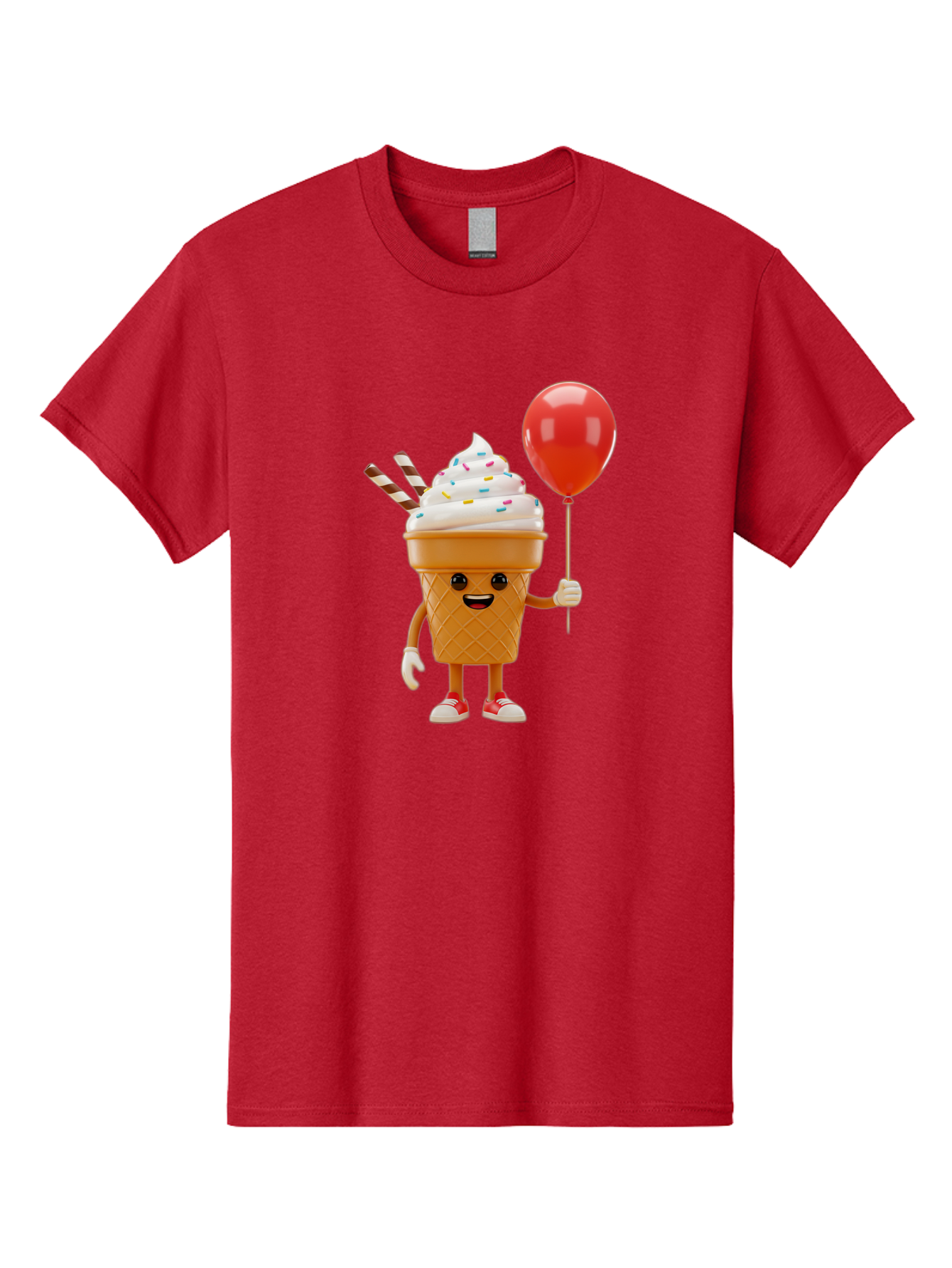 Ice-Cream-Cone-2 Men'S Graphic Tee, 100% Cotton, Comfortable Casual Summer Wear, Machine Washable, Ice Cream Cone With Face, Cartoon Character, Whipped Cream, Sprinkles, Red Balloon, Party Theme, Funny Illustration, Colorful Dessert, Baa863
